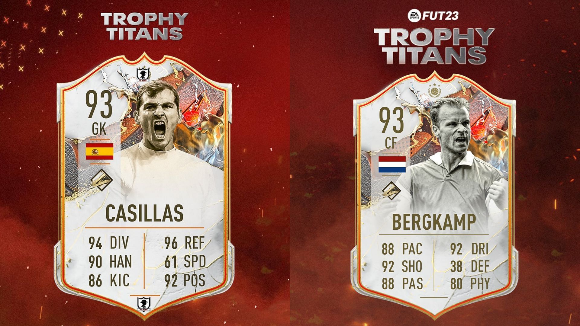 The Trophy Titans versions of Casillas, Keane, and Bergkamp could dominate the FIFA 23 meta (Images via Twitter/FUT Sheriff)