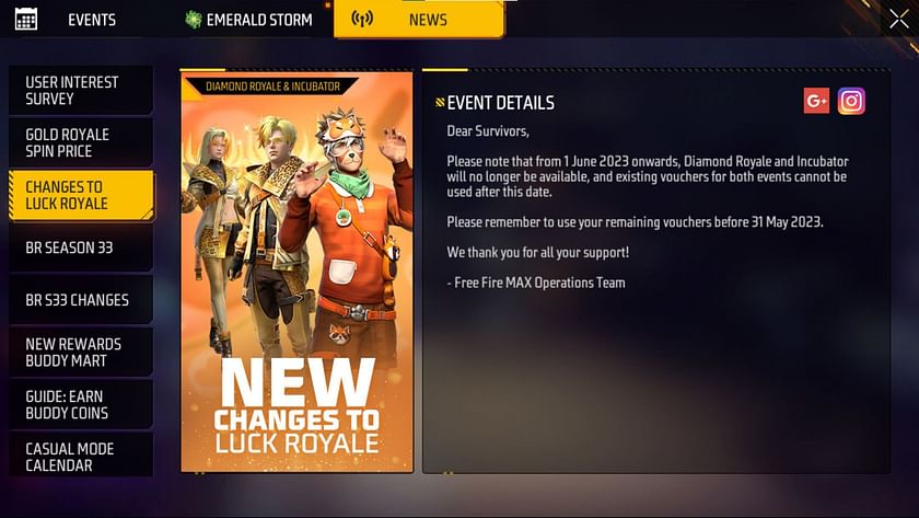 Free Fire MAX Luck Royale changes announced: Garena discontinues ...