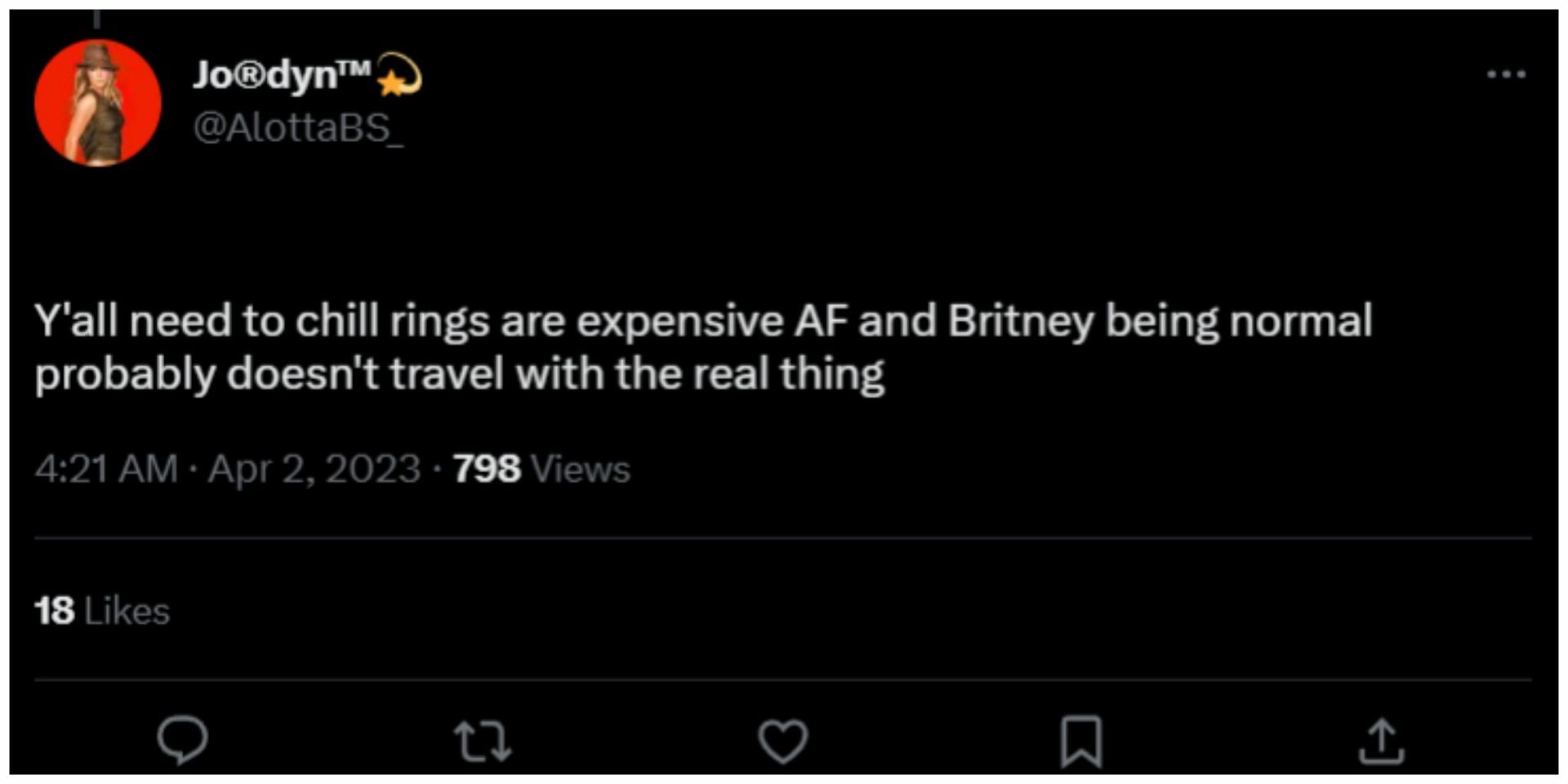 Twitter user talks about how Britney doesn&#039;t travel with wedding rings like &#039;normal&#039; people (Image via Twitter/AlottaBS_)
