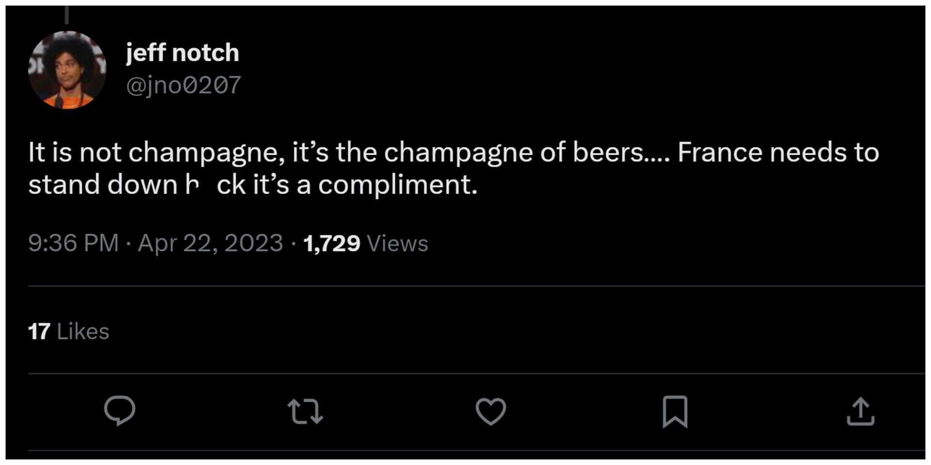 A user commented on how there was a difference between champagne and champage of beers (Image via Twitter/jno0207)