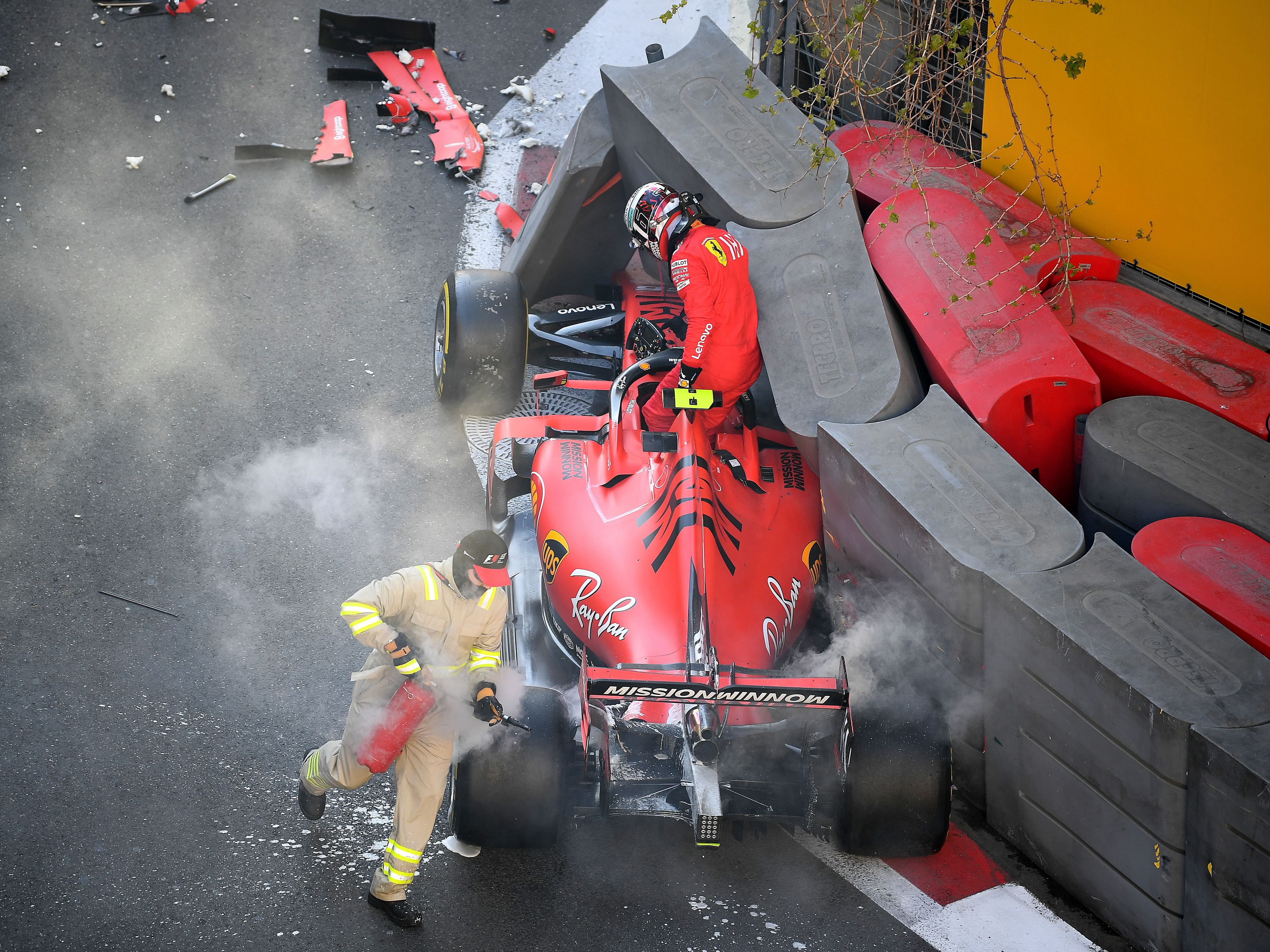 Charles Leclerc climbs from his car after crashing during qualifying for the 2019 F1 Azerbaijan Grand Prix. (Photo by Clive Mason/Getty Images)