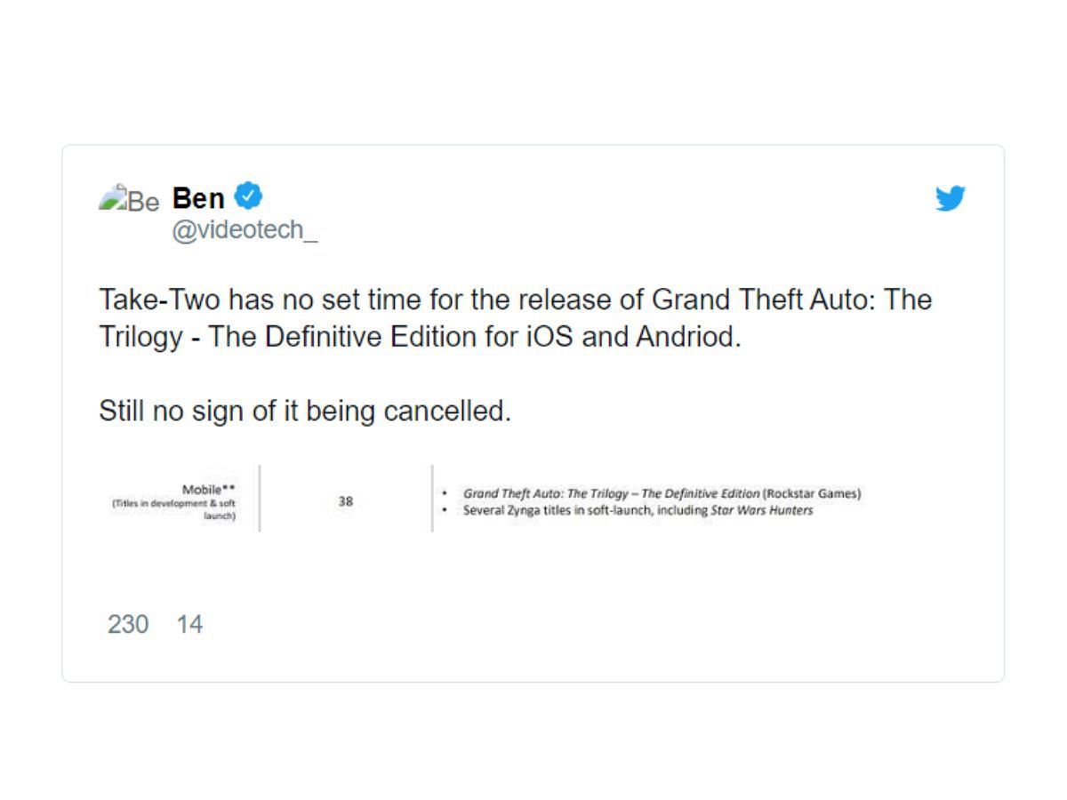 Ben&#039;s tweet revealing Rockstar&#039;s plans for the mobile release of GTA Trilogy Definitive Edition (Image via Twitter)