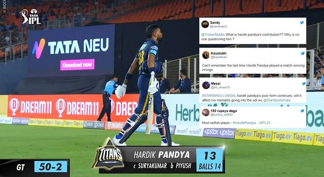 "Why is no one questioning him?" - Fans erupt as Hardik Pandya scores 13 off 14 balls vs MI in IPL 2023