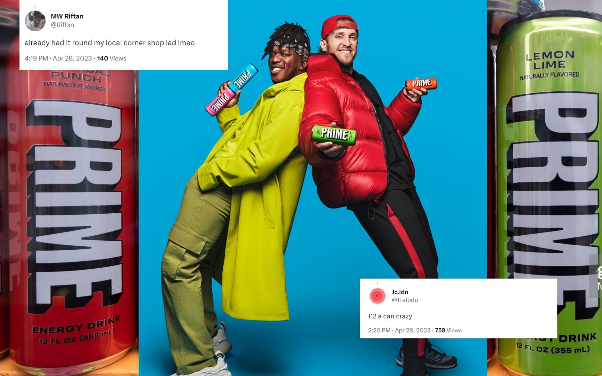 Prime ENERGY in stores (left) Logan Paul and KSI with Prime ENERGY (middle)[Image courtesy: @drinkprime on Instagram] and Prime ENERGY in stores (right)