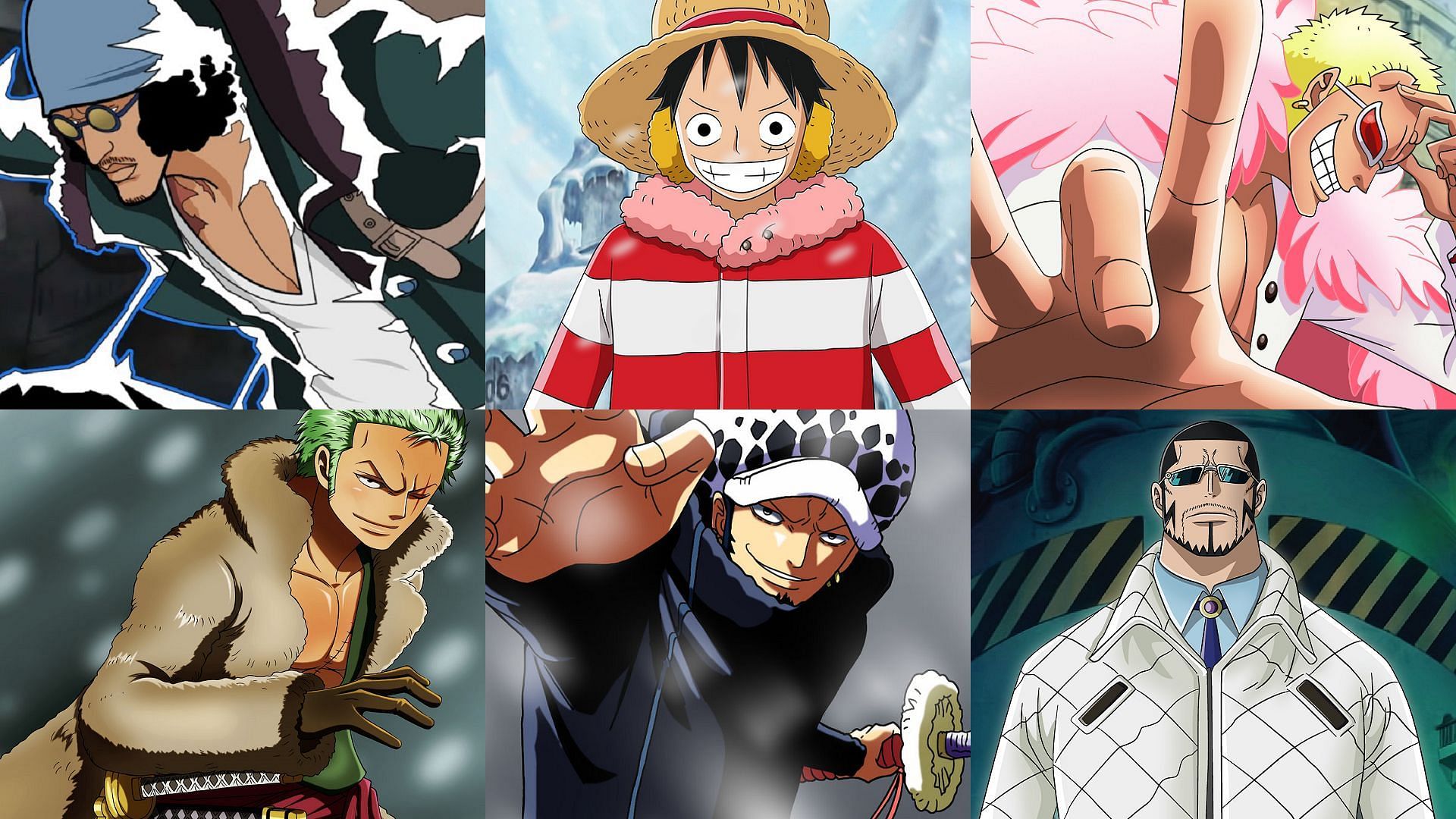 Aokiji, Luffy, Doflamingo, Zoro, Law, and Vergo were the six strongest characters featured in the Punk Hazard Arc (Image via Toei Animation, One Piece)