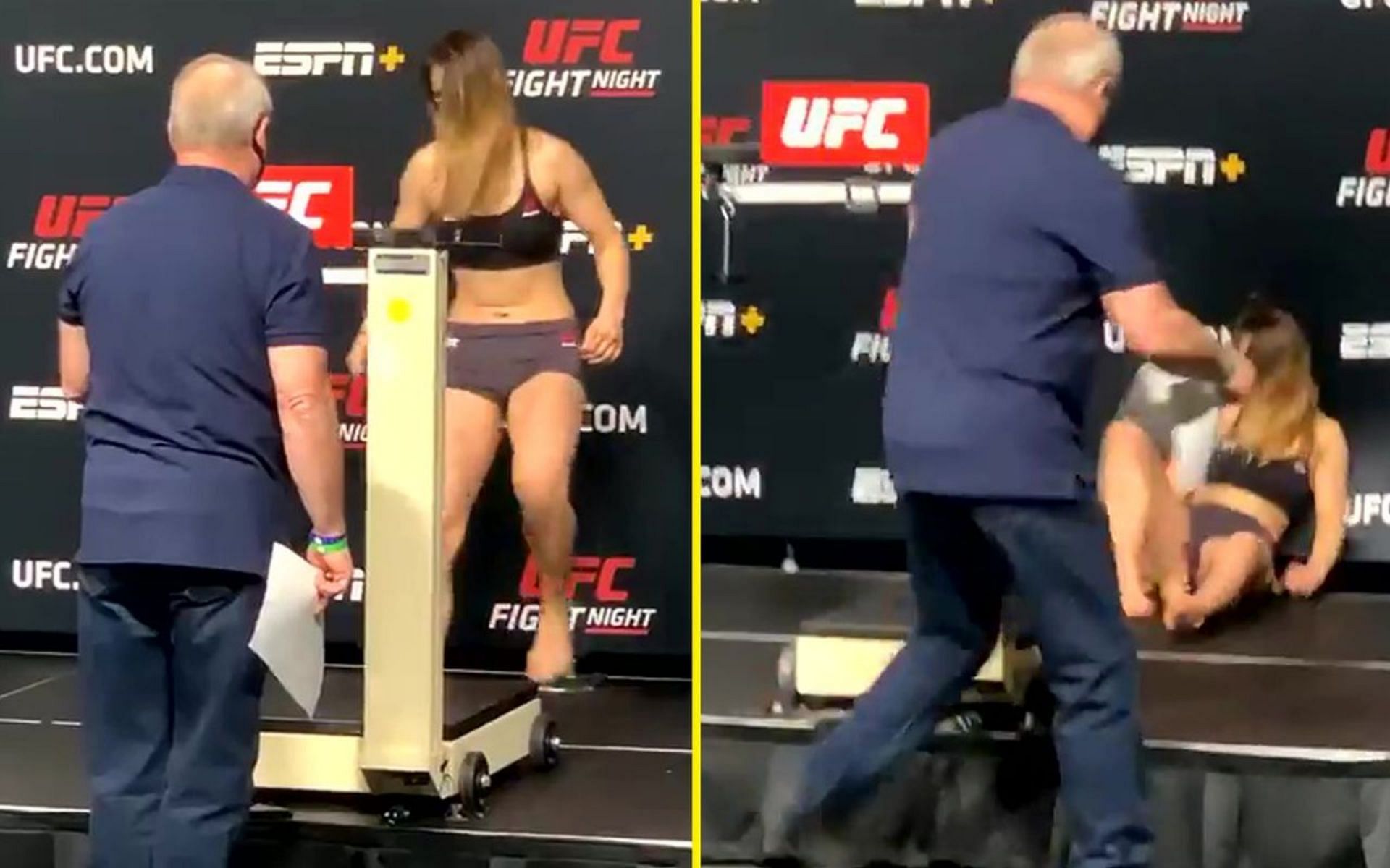 Julija Stoliarenko faints on the scale [Image Credit: UFC]