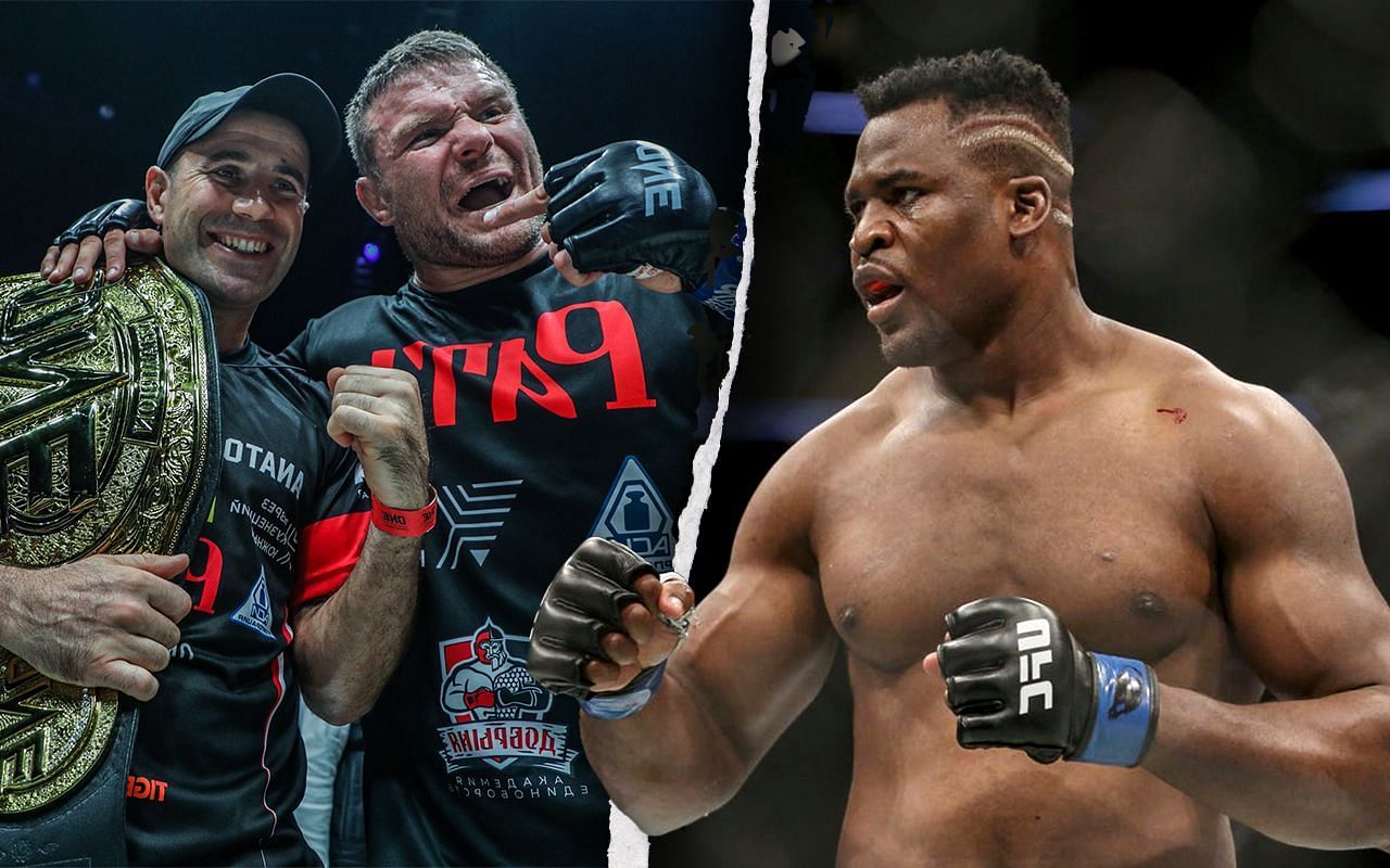 Anatoly Malykhin with coach John Hutchinson (L) / Francis Ngannou (R) -- Photo by ONE Championship