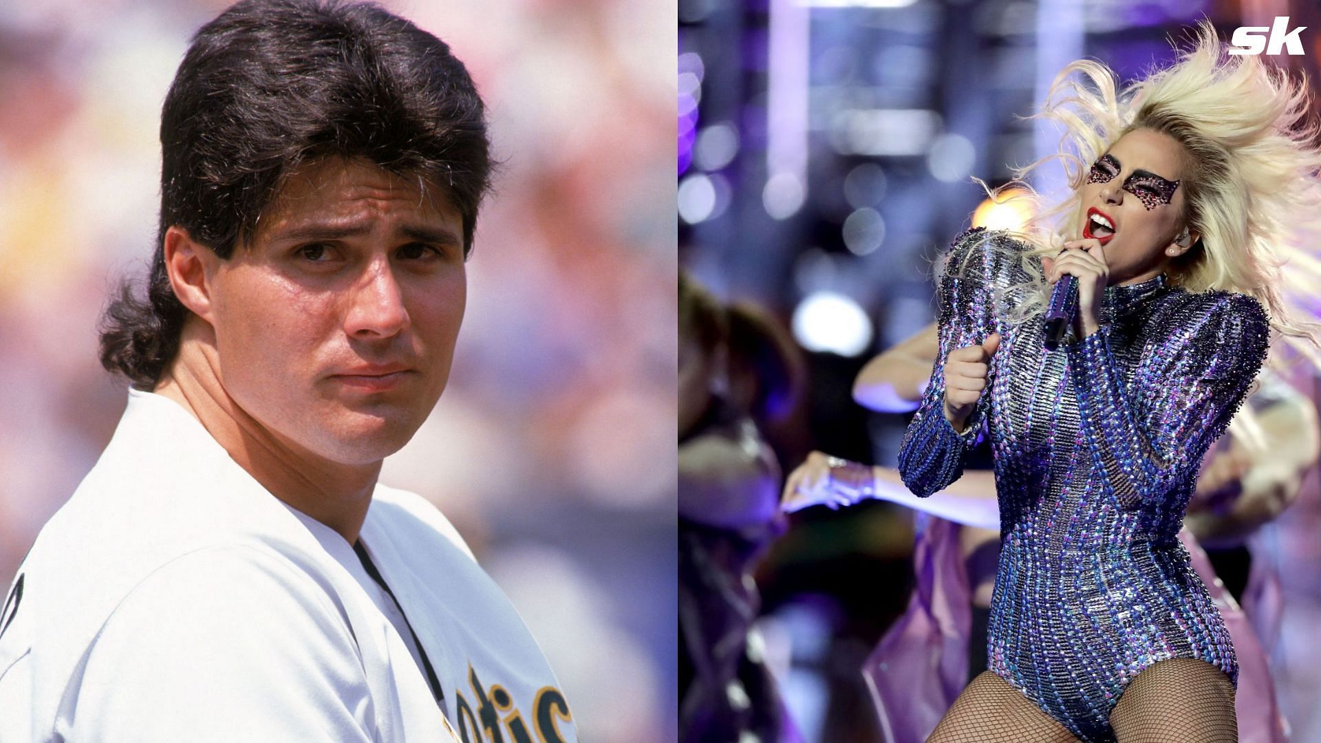 OAKLAND, CA -1990: Jose Canseco #33 of the Oakland Athletics looks on during a 1990 MLB season game at Oakland-Alameda County Coliseum in Oakland, California. (Photo by Otto Greule Jr/Getty Images); HOUSTON, TX - FEBRUARY 05: Lady Gaga performs during the Pepsi Zero Sugar Super Bowl 51 Halftime Show at NRG Stadium on February 5, 2017 in Houston, Texas. (Photo by Ronald Martinez/Getty Images)