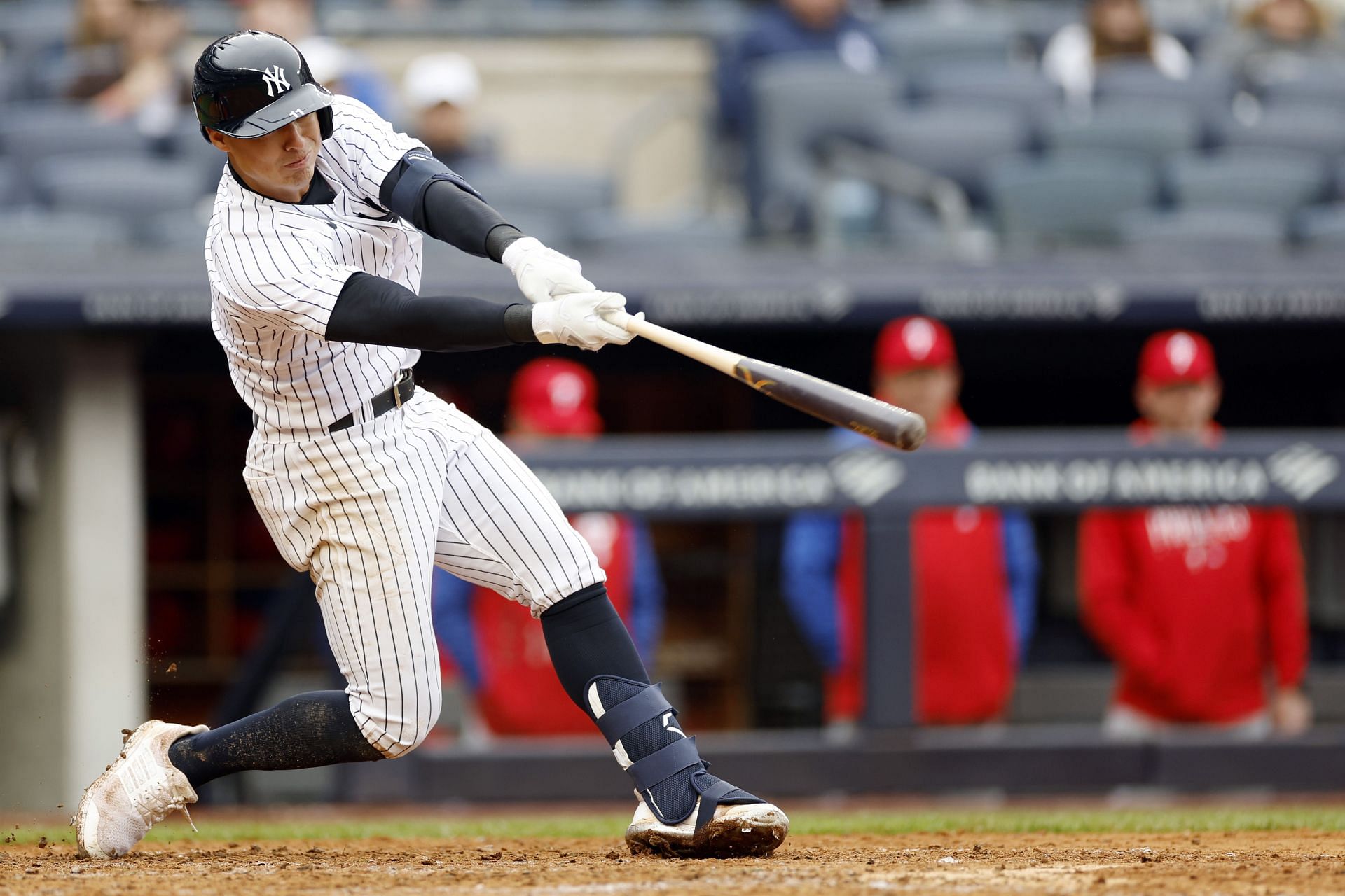 Anthony Volpe #11 of the New York Yankees swings during the fifth inning against the Philadelphia Phillies