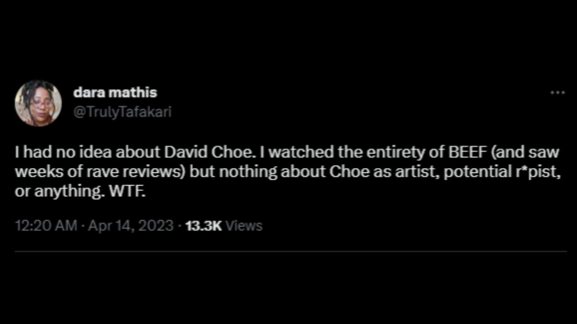 Screenshot of a Twitter user remarking on Choe&#039;s resurfaced video.