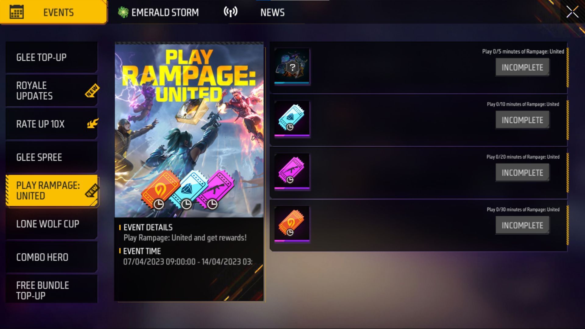 Here is the Play Rampage United event in Free Fire MAX (Image via Garena)