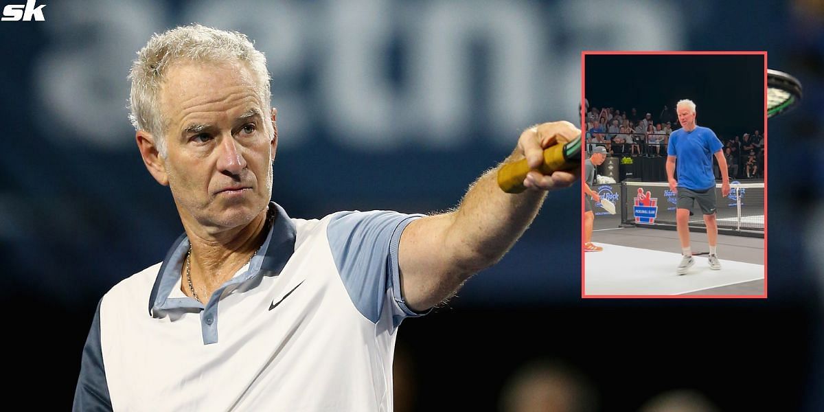  John McEnroe vents his frustration after being called out for foot fault (inset)