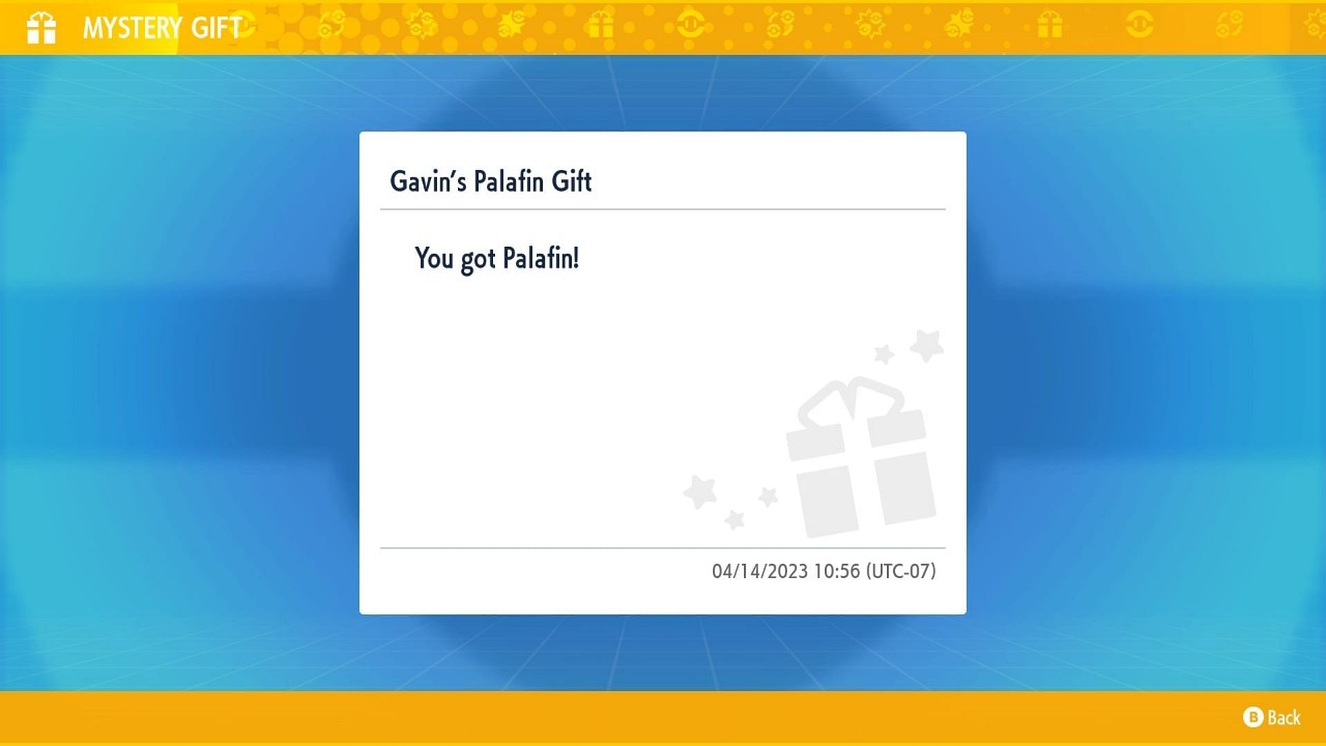 You should see this message if you redeemed the Mystery Gift Code correctly (Image via Game Freak)