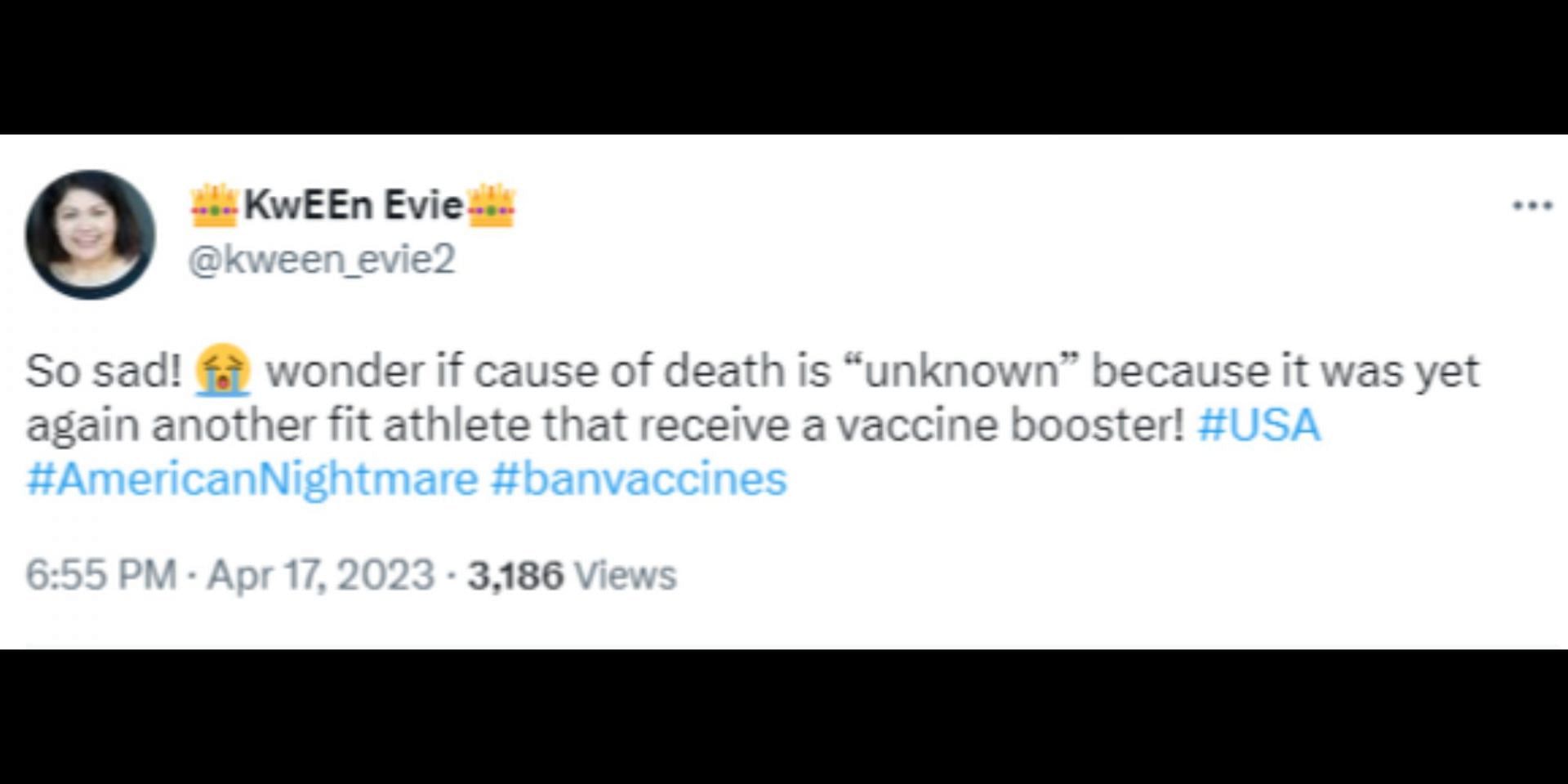 User brings up vaccine speculation regarding Barron Alexander&#039;s death. (Image via Twitter/@kween_evie2)