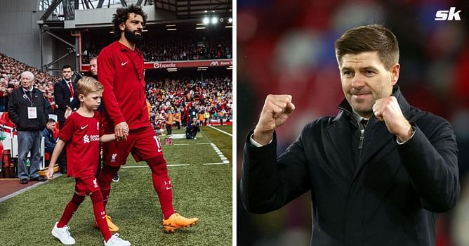 Liverpool legend Steven Gerrard reacts to his son Lio walking out onto the pitch with Mohamed Salah ahead of Nottingham Forest clash