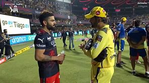 [WATCH] MS Dhoni and Virat Kohli share a light-hearted moment after high-scoring contest between CSK and RCB