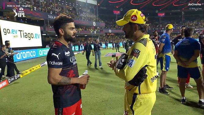 [WATCH] MS Dhoni and Virat Kohli share a light-hearted moment after high-scoring contest between CSK and RCB