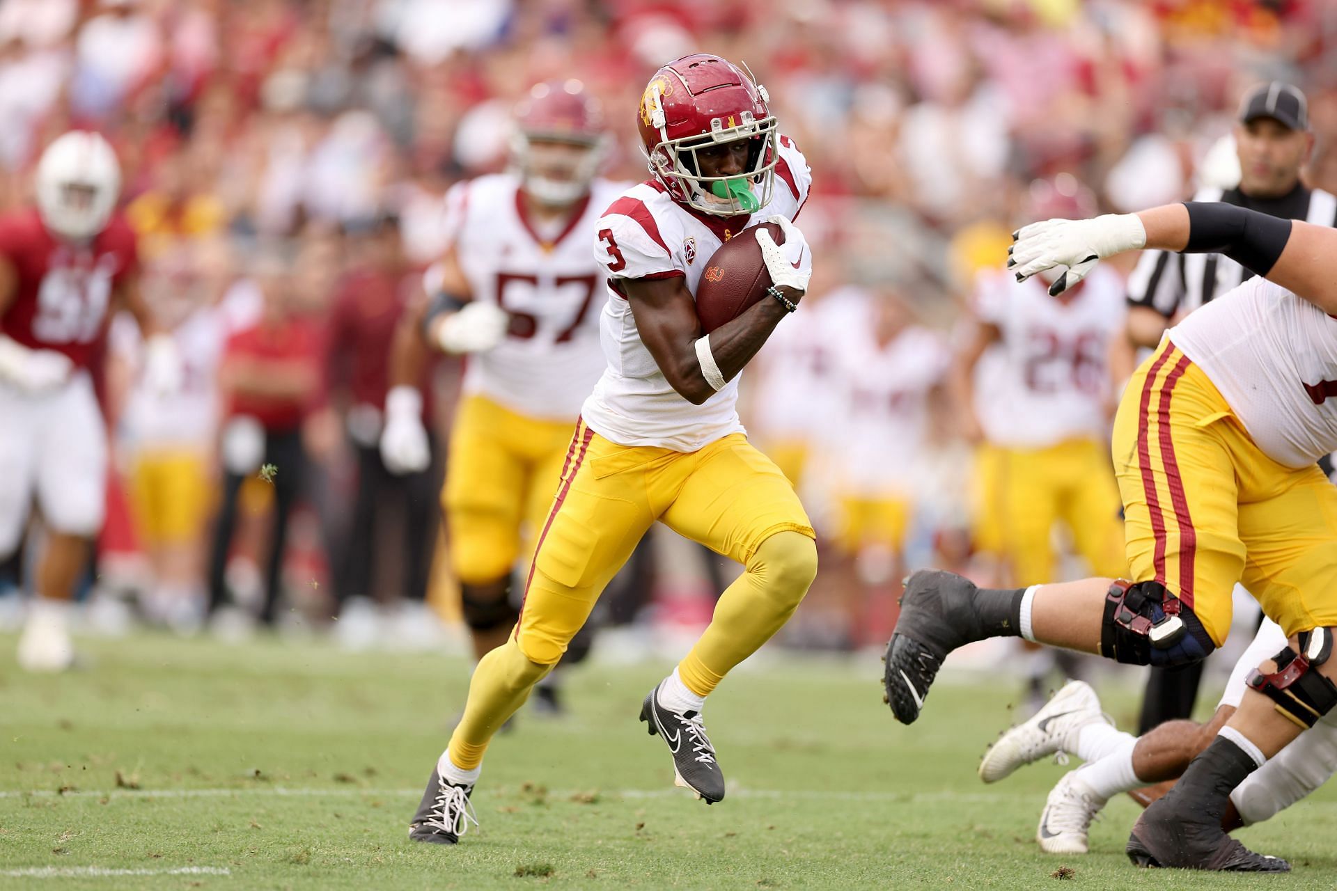 Jordan Addison #3 of the USC Trojans runs in for a touchdown against the Stanford Cardinal