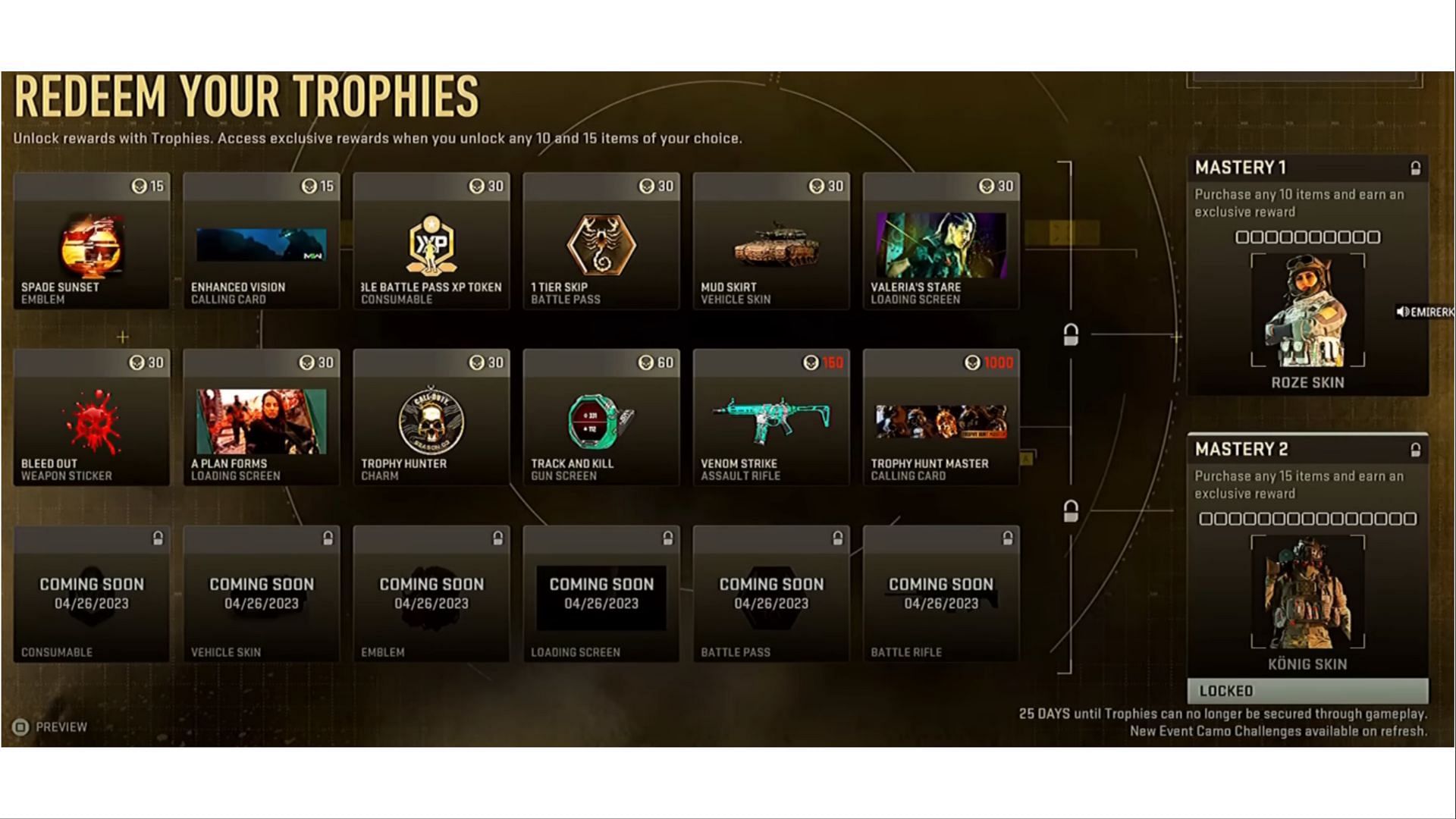 Trophy Hunt event rewards in Modern Warfare 2 and Warzone 2 (Image via Activision)