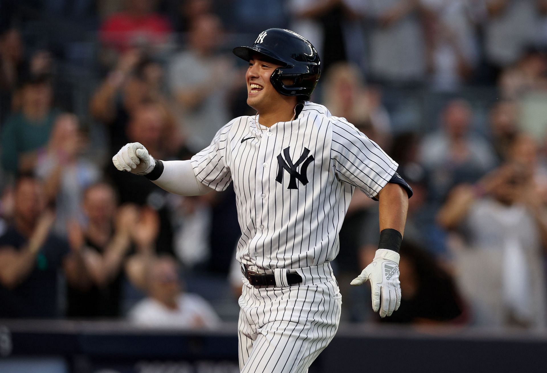 Anthony Volpe celebrates his first Major League home run in the first inning against the Minnesota Twins at Yankee Stadium