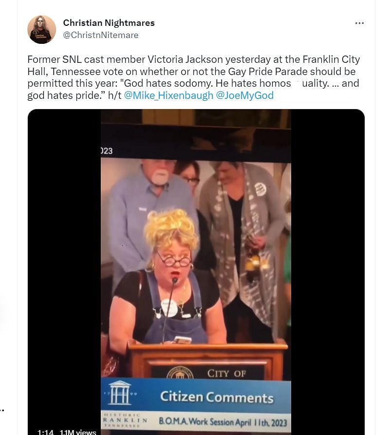 Victoria Jackson&#039;s speech was shared by a Twitter user (Screenshot via @ChristnNitemare/Twitter)