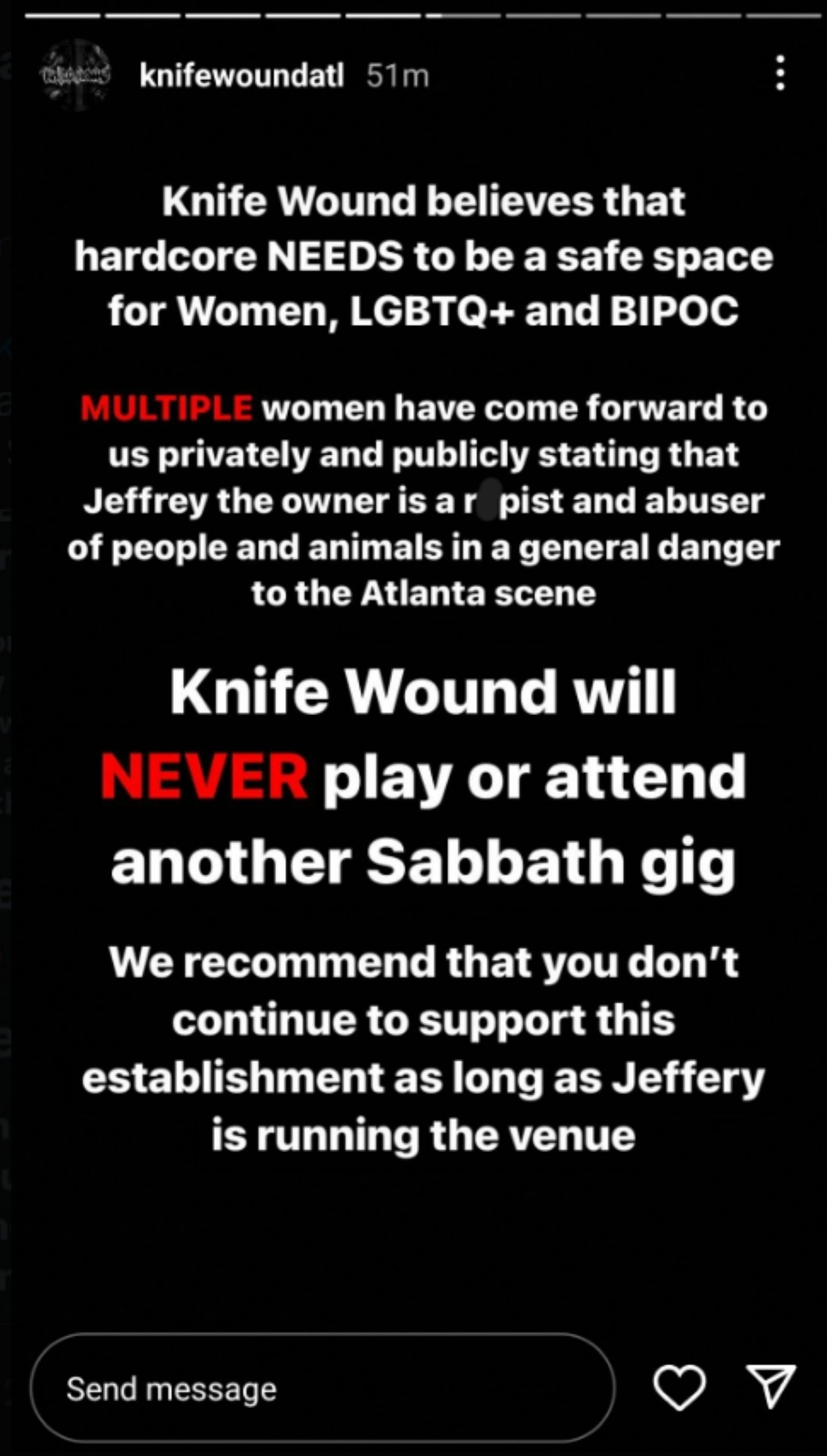 Knife Wound accuses the establishment&rsquo;s owner of being an abuser (Image via knifewoundatl/Instagram)