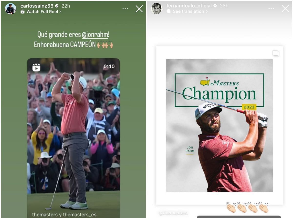 Carlos Sainz and Fernando Alonso congratulating Jon Rahm on Instagram for winning Master Golf Tournament (Collage via Sportskeeda)
