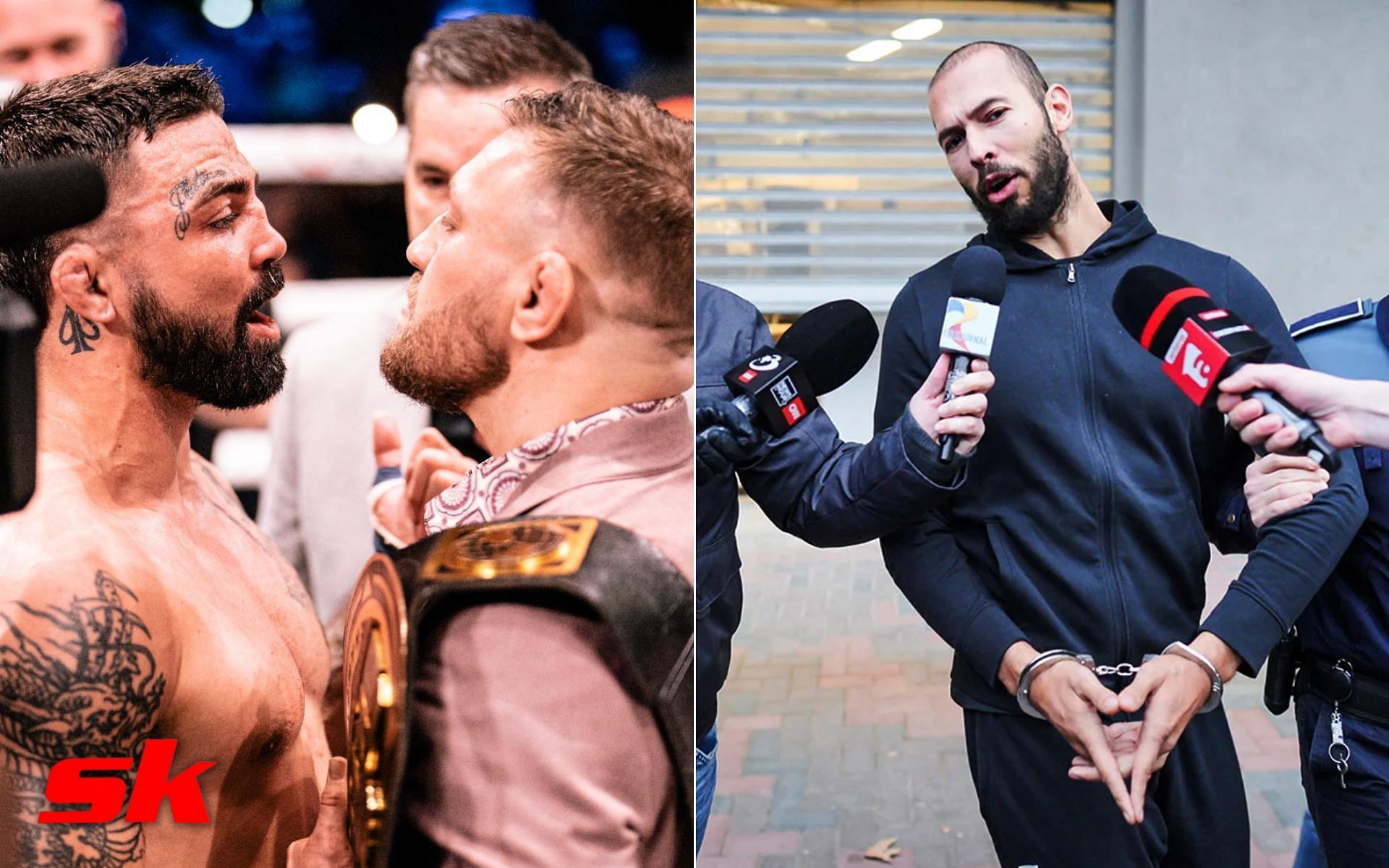 Conor McGregor faces off with Mike Perry (left - via thesun.ie), Andrew Tate (right - via newstatesman.com)