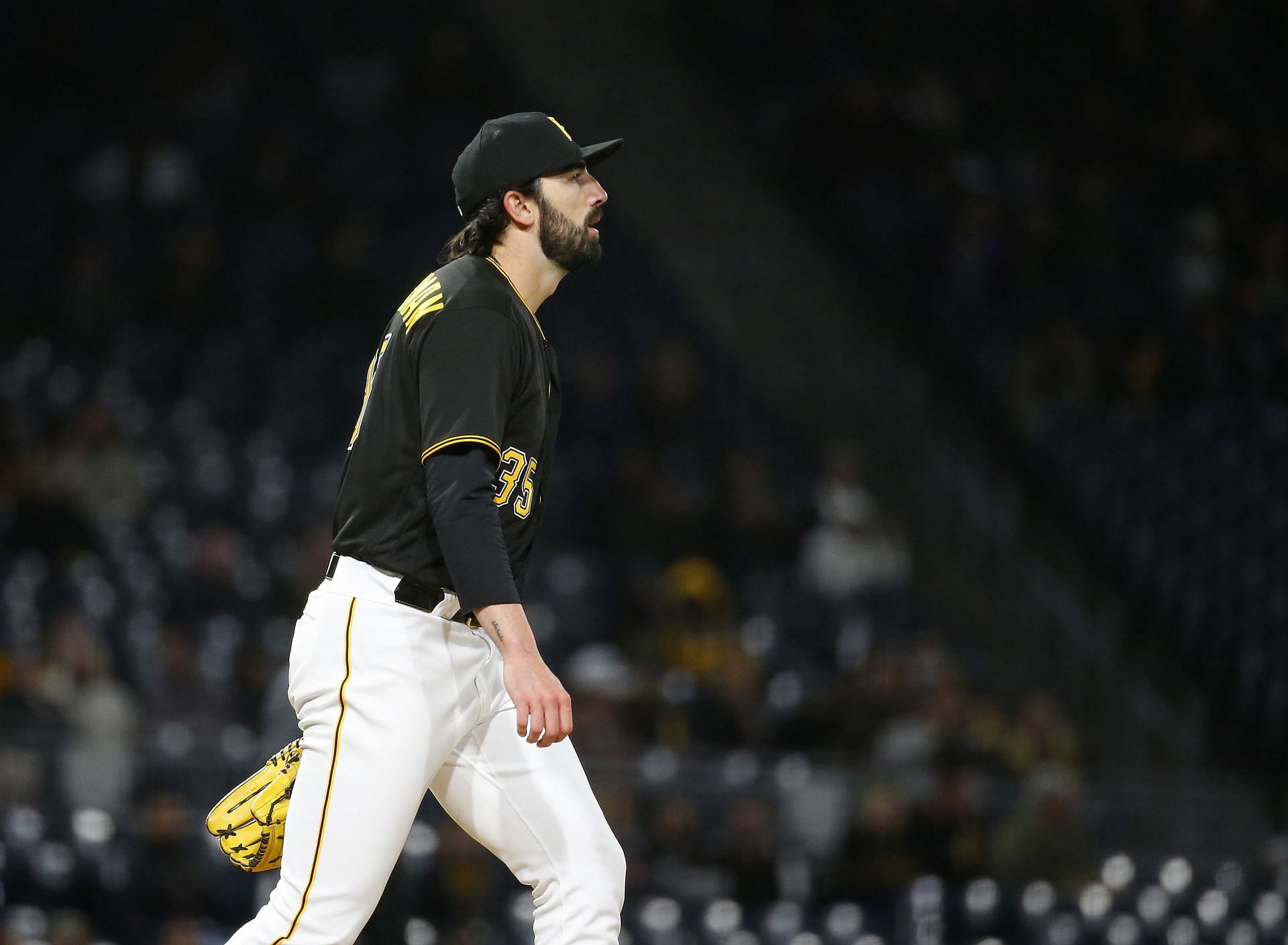 Colin Holderman #35 of the Pittsburgh Pirates reacts after giving up a three-run home run in the eighth inning against the Los Angeles Dodgers