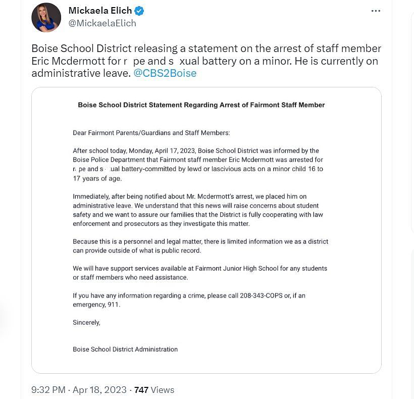 Boise School District&#039;s statement shared by a CBS2 News reporter on Twitter