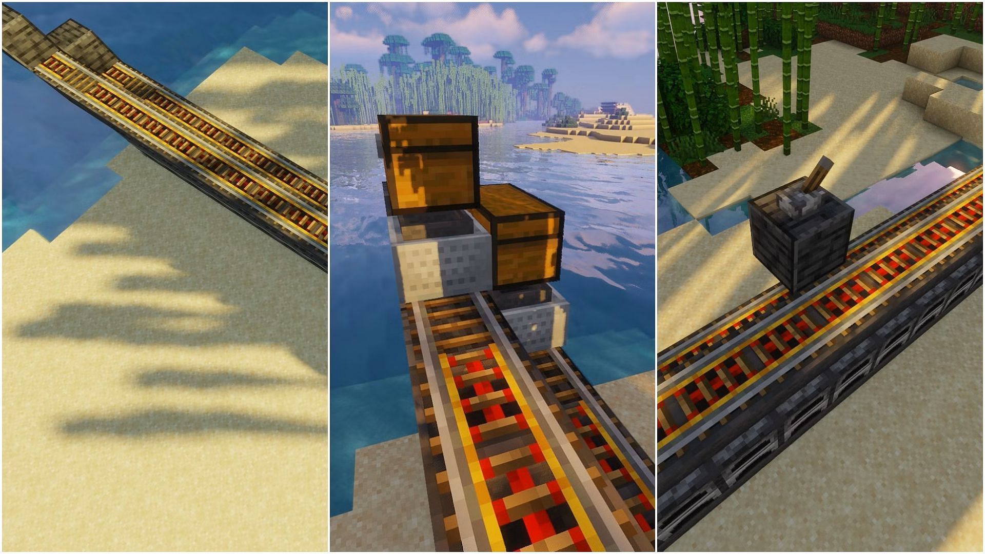 Place powered rails on top of hoppers for the minecart with hoppers to travel and drop items to each furnace. (Image via Sportskeeda)