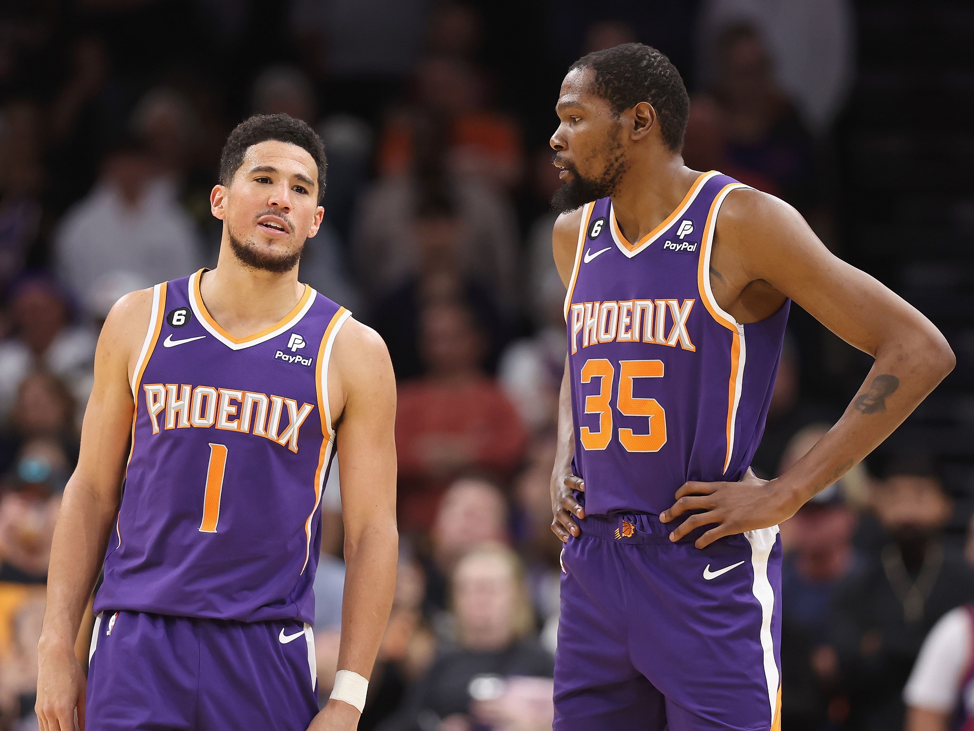 Devin Booker and Kevin Durant of the Phoenix Suns
