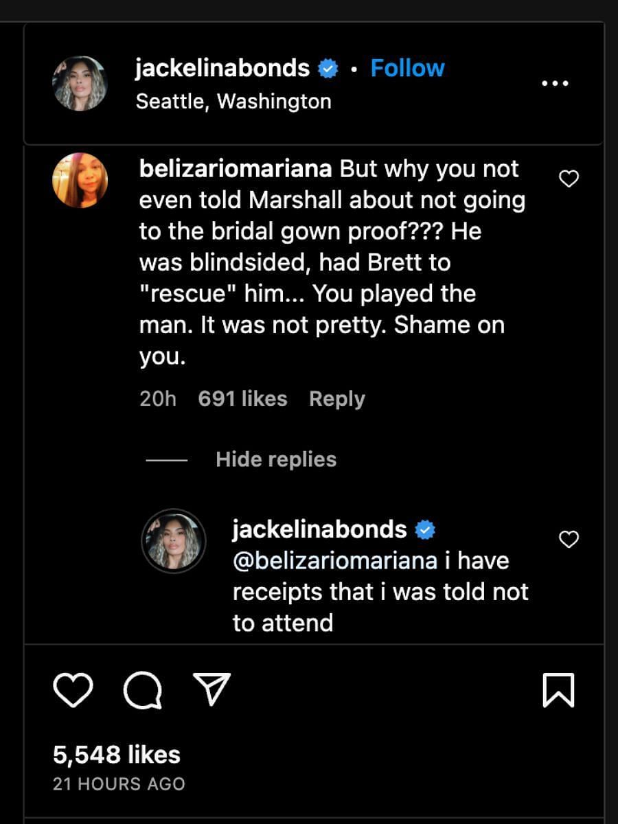 Jackelina claims she was told to miss the dress fitting (Image via Instagram/@jackelinabonds)