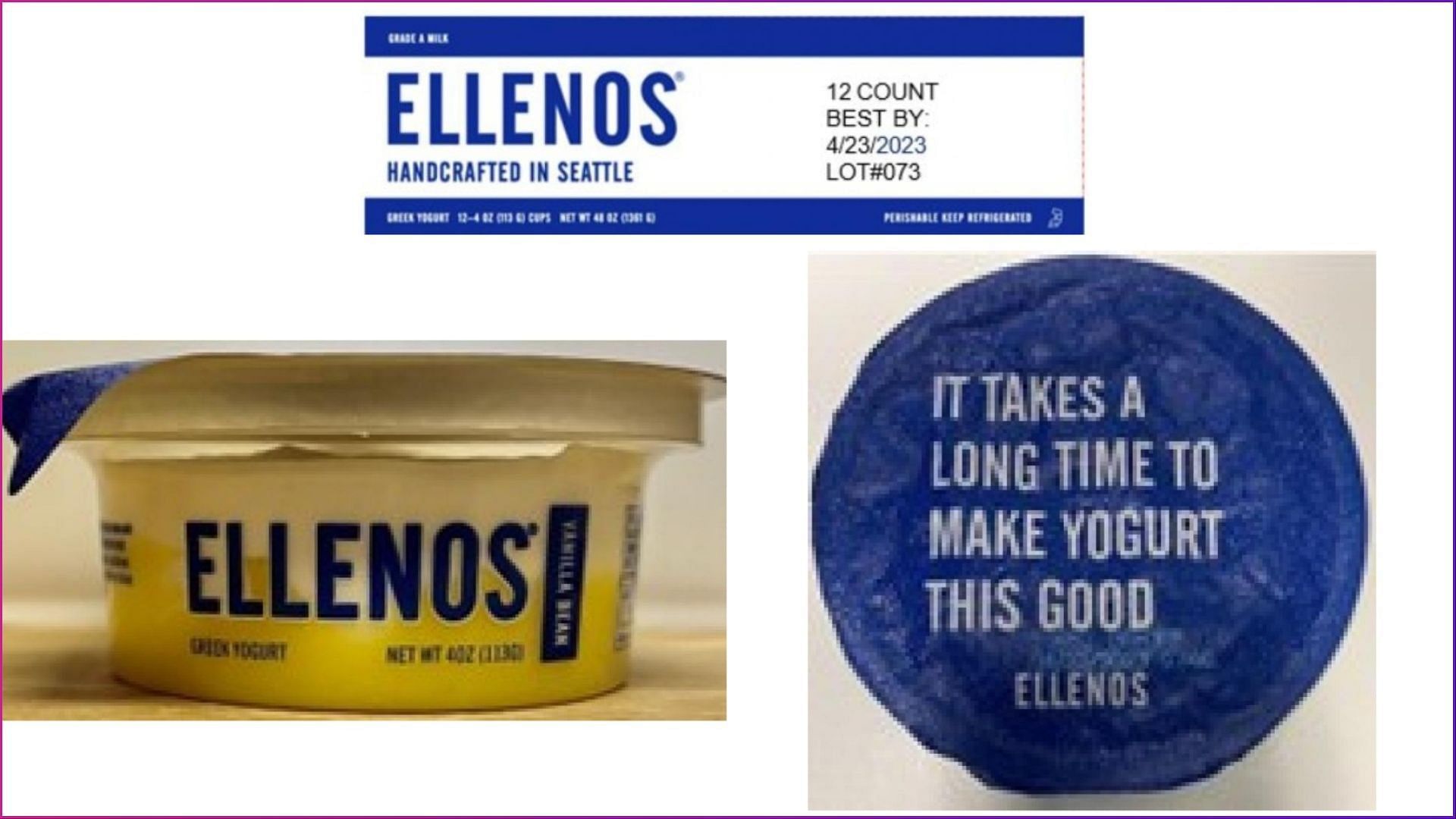 The recalled Vanilla Bean Ellenos Greek Yogurt may contain undeclared egg allergens (Image via FDA)