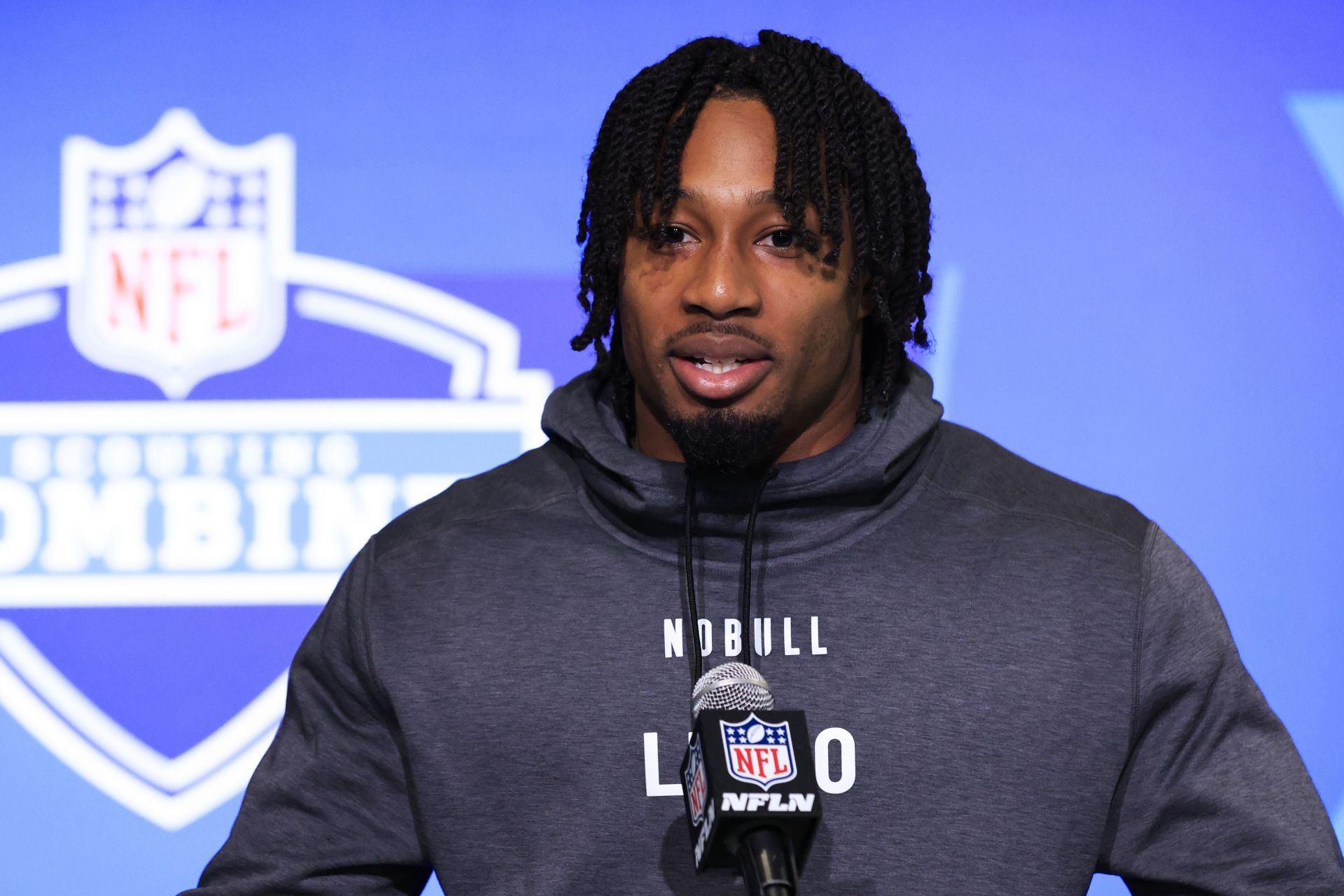 BJ Ojulari of LSU speaks to the media during the NFL Combine