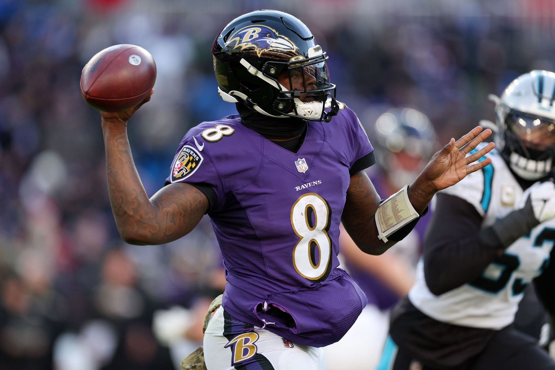 Lamar Jackson during Carolina Panthers v Baltimore Ravens