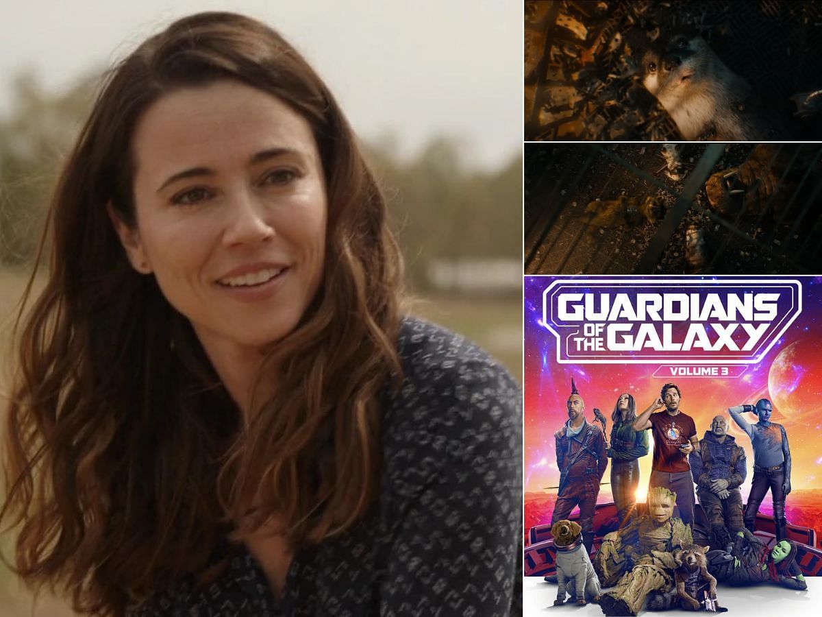 Linda Cardellini (left) and (right from top to bottom) Two screenshots from Naming and Guardians of the Galaxy Vol. 3 poster. (Photo via Marvel/Sportskeeda) 