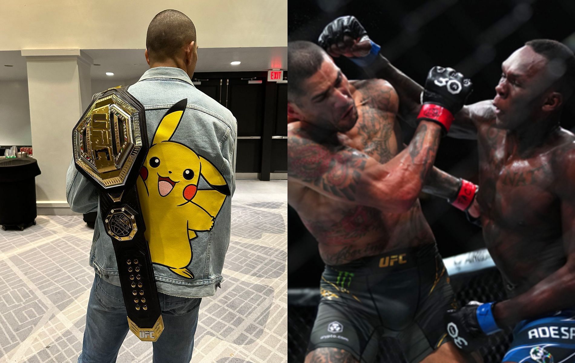 Alex Pereira wearing a Pikachu jacket (left) and Adesanya vs. Pereira (right)