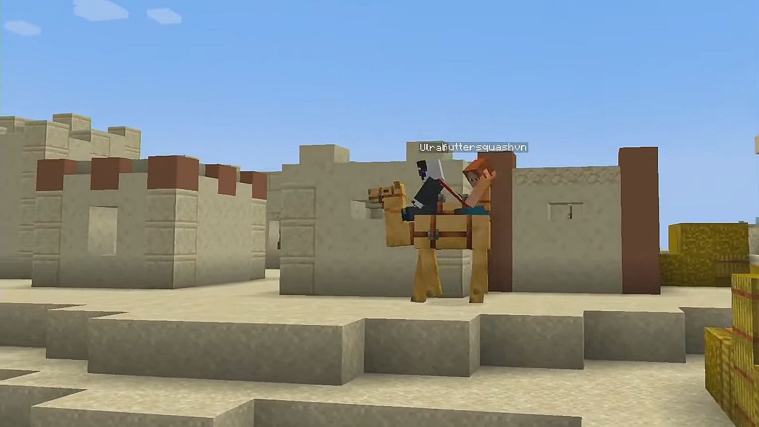 Two players can simultaneously ride camels in the Minecraft 1.20 Trails and Tales update (Image via YouTube/Minecraft)