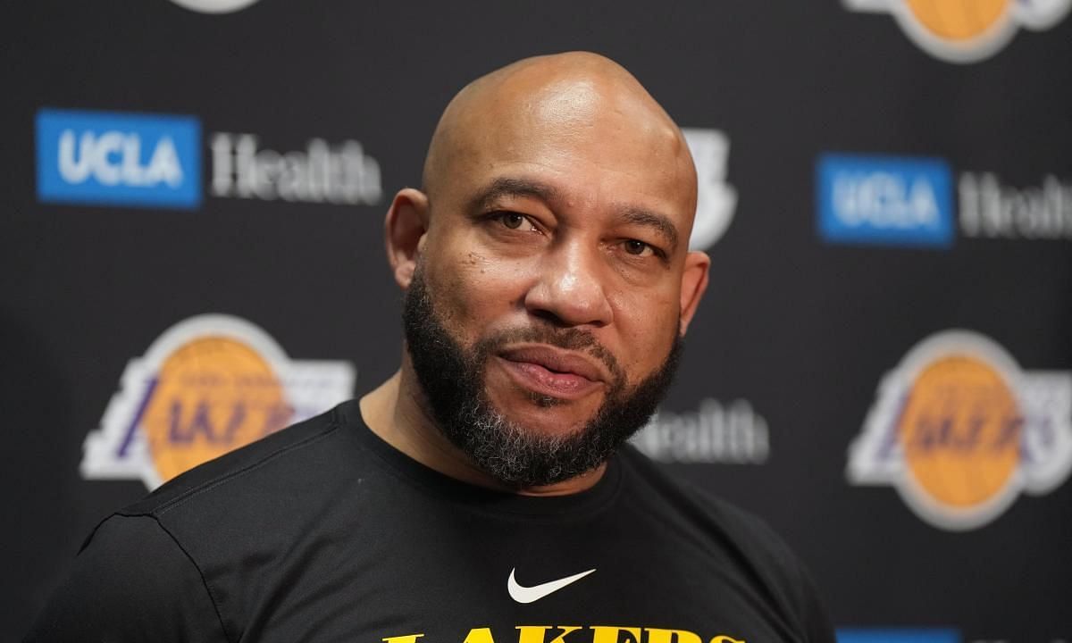 LA Lakers coach Darvin Ham speaking in a postgame interview