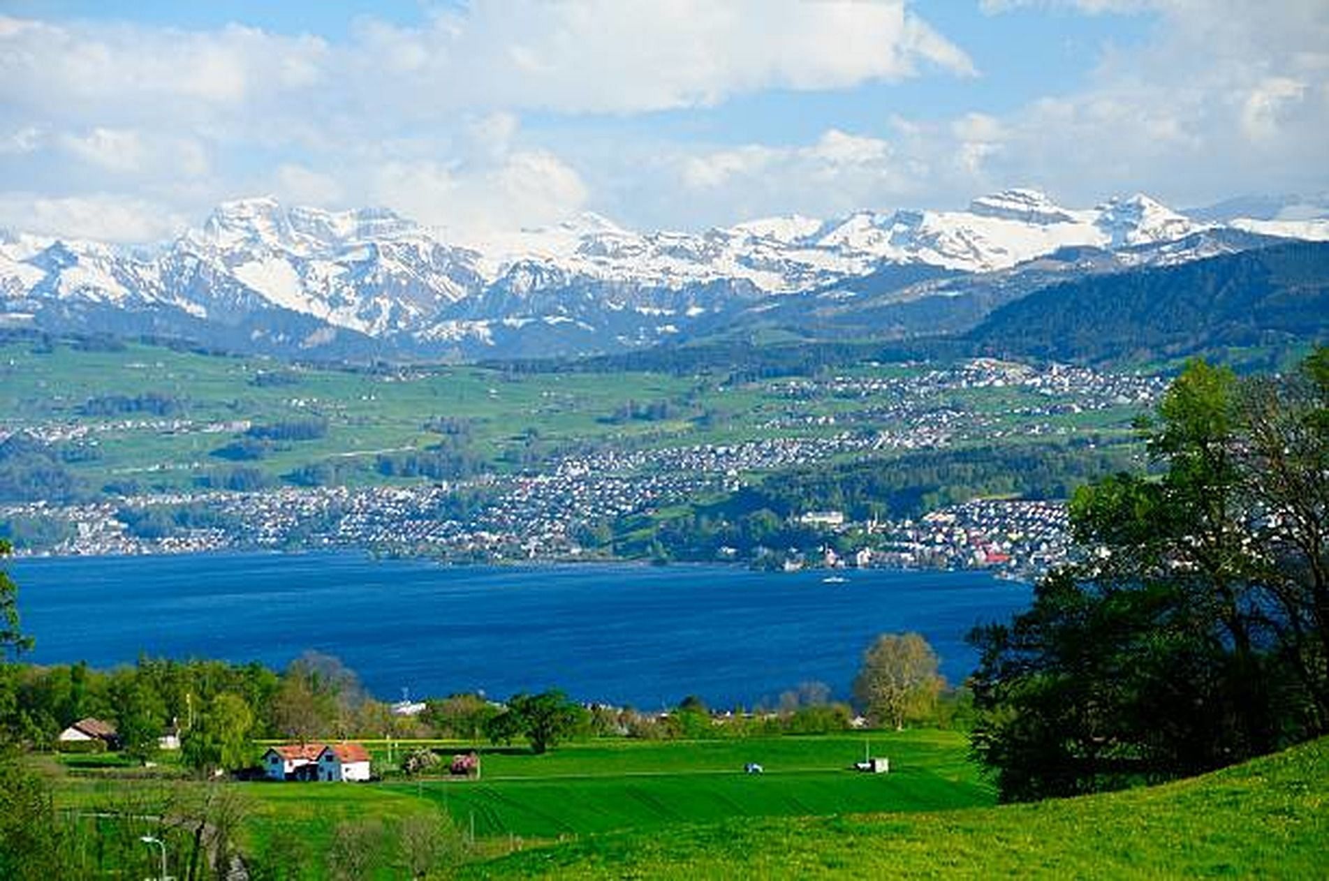 Town of Herrilberg in Switzerland overlooking the Swiss Alps