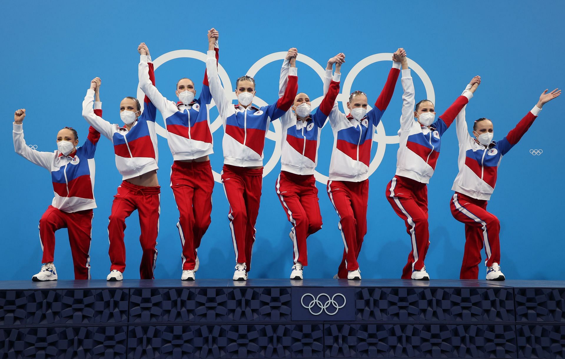 Gold medalists Team ROC pose during the medal ceremony for the Artistic Swimming Team Free Routine on day 15 of the Tokyo 2020 Olympic Games at Tokyo Aquatics Centre on August 07, 2021 in Tokyo, Japan. 