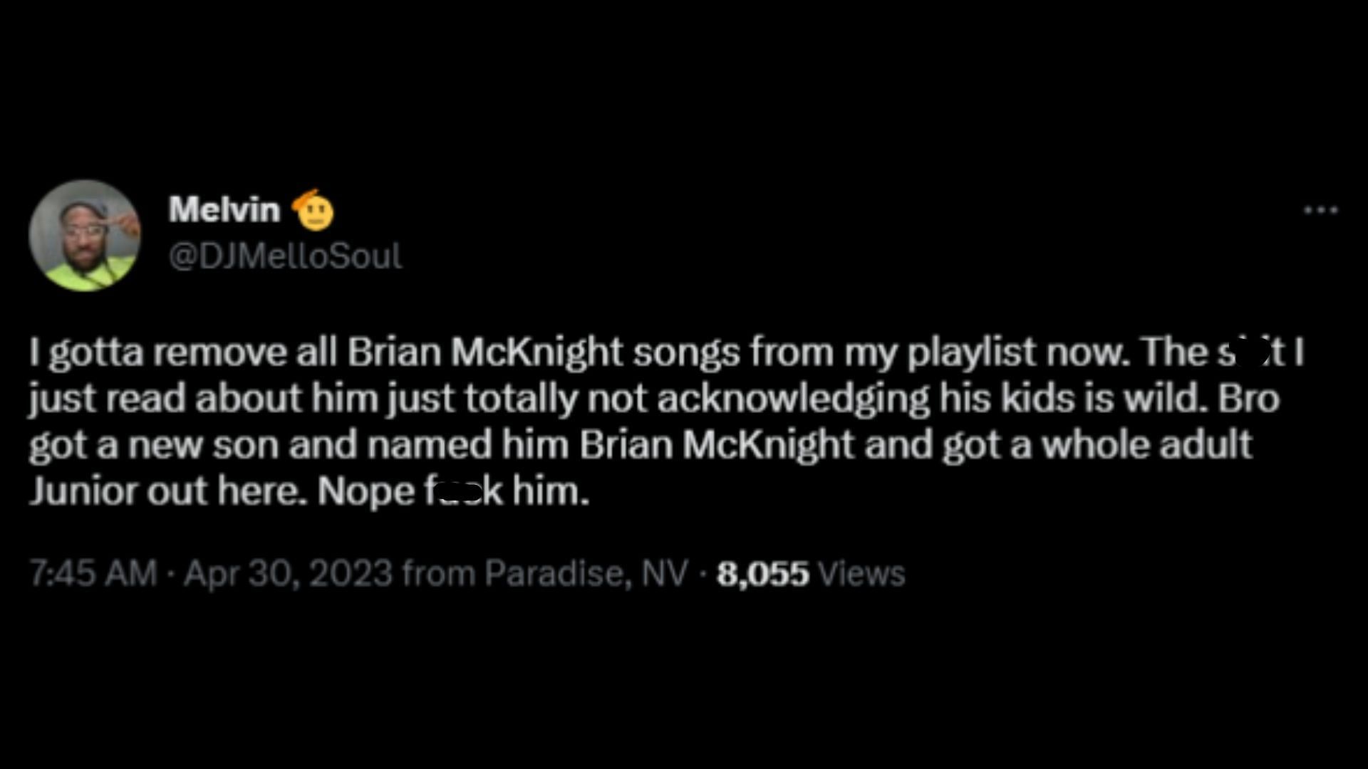 Screenshot of an Internet user slamming McKnight&#039;s lack of acknowledgment of his previous kids. (Image via @DJMelloSoul/Twitter)