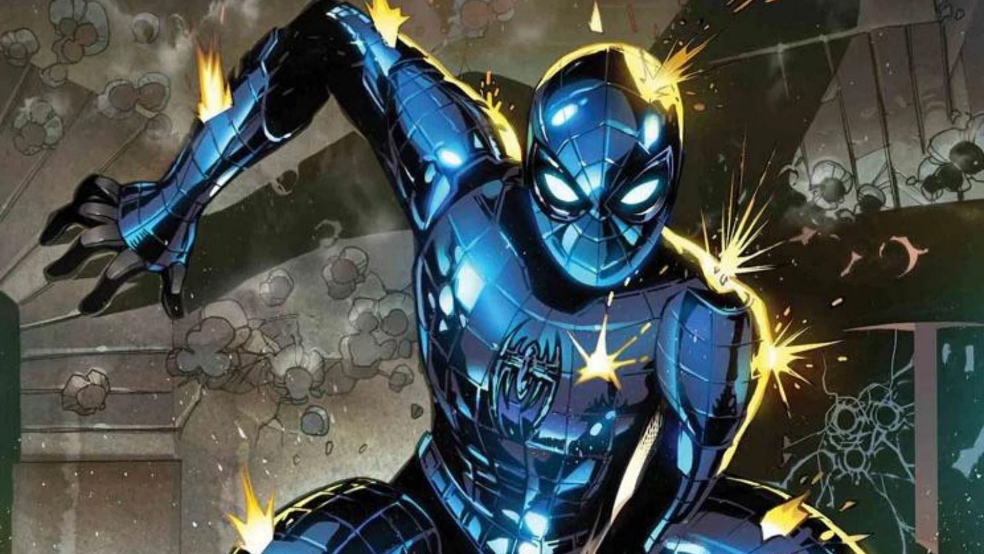 Spider-Man in a bulky, blue and silver armored suit with his web-shooters at the ready (Image via Marvel Comics)