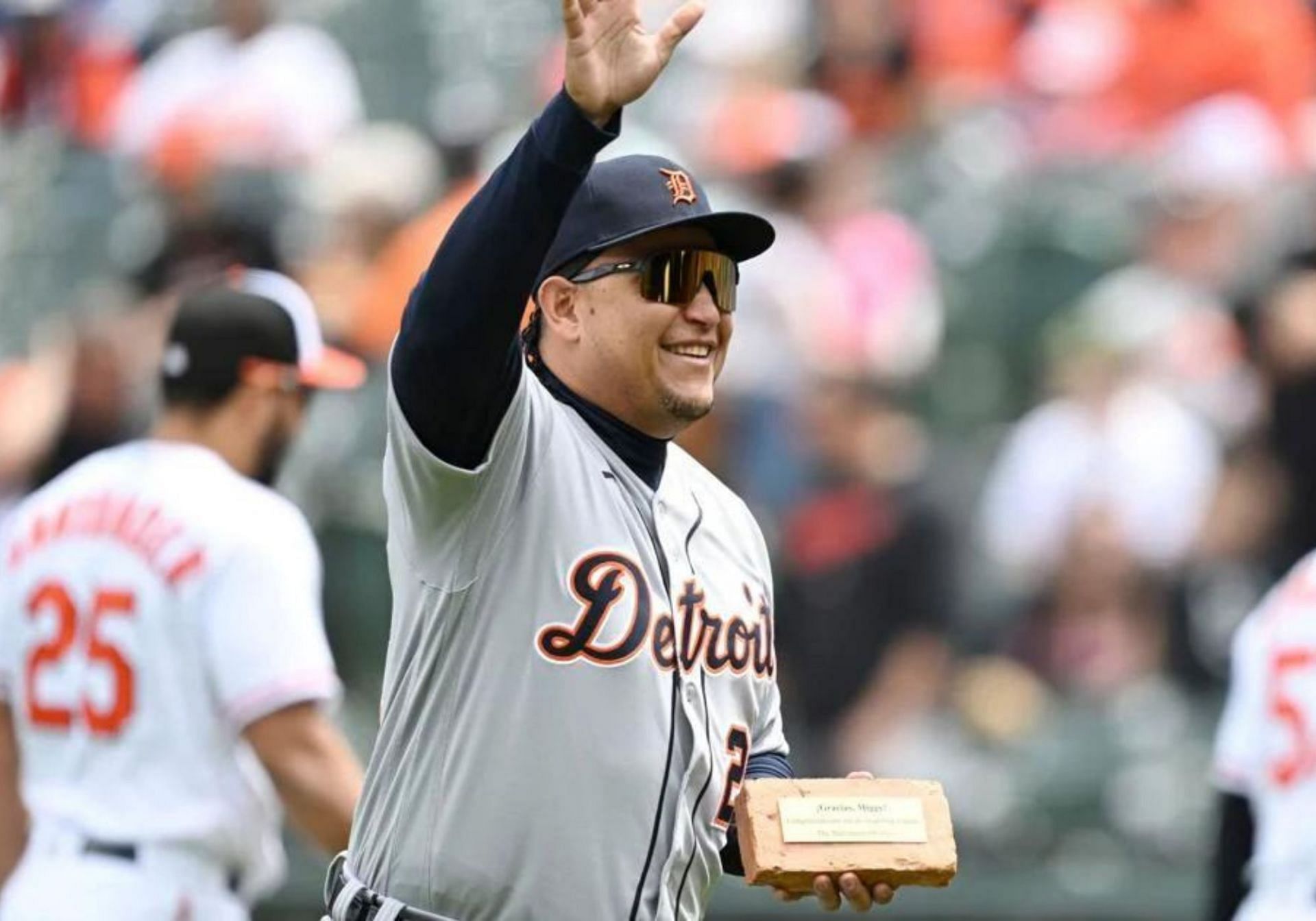 Was Miguel Cabrera presented a brick by the Baltimore Orioles in his final game