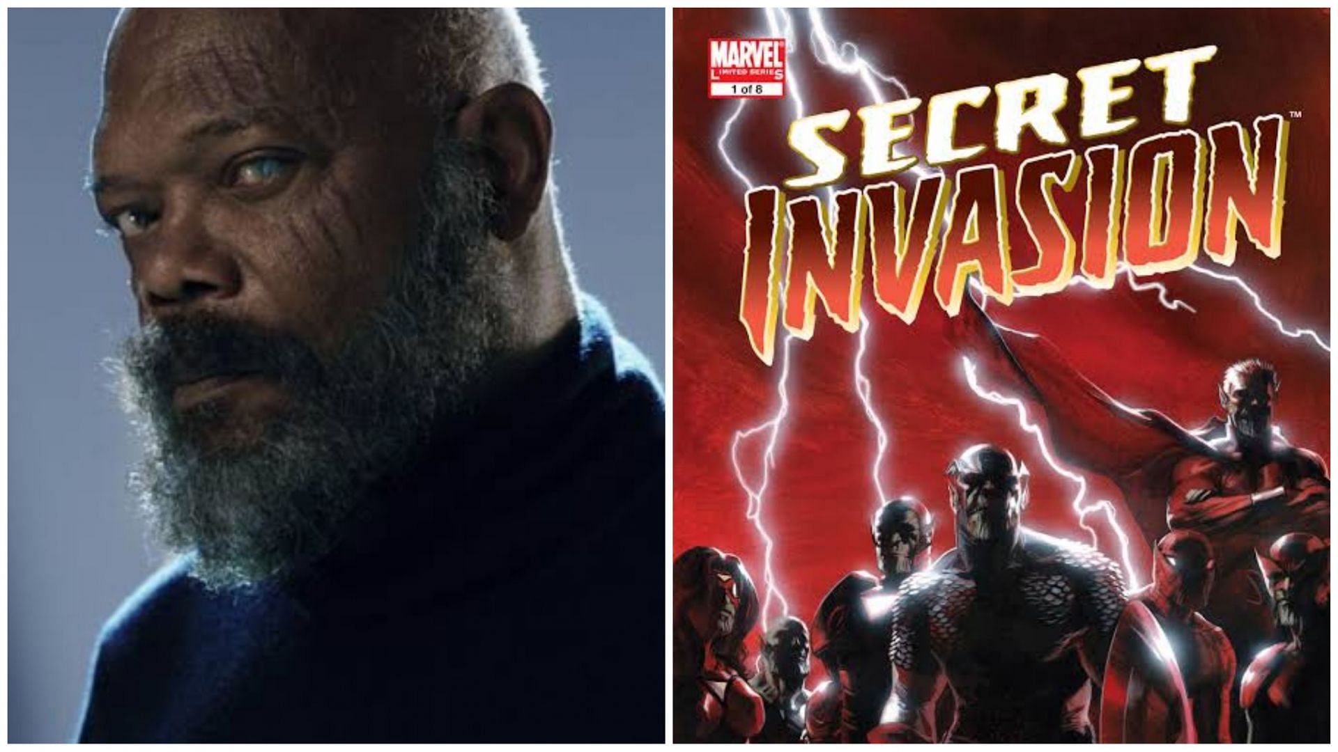 Samuel L Jackson as Nick Fury and cover for Secret Invasion (Images via Marvel Studios and Marvel Comics)
