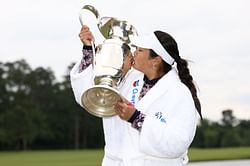 Watch: Lilia Vu and her caddie continue LPGA tradition by jumping into the lake after winning the Chevron Championship