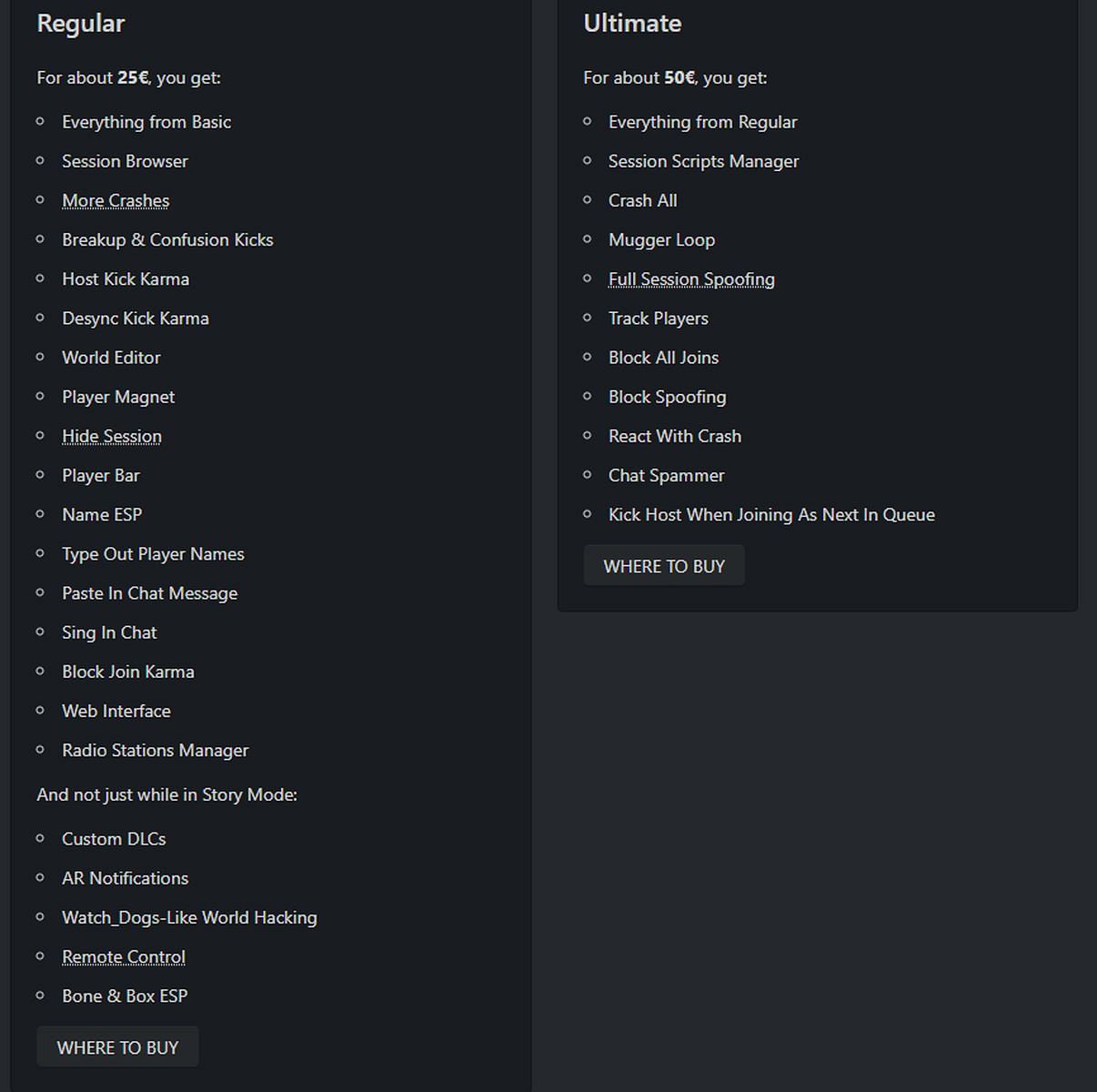 This is the full list of benefits for Regular and Ultimate options (Image via Stand.gg)