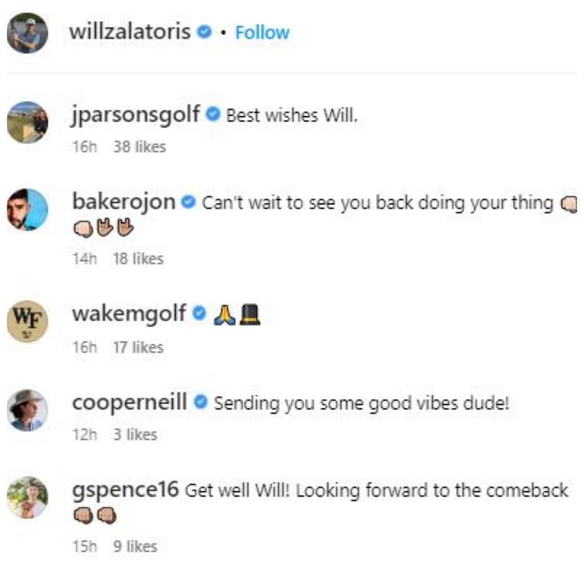 Screengrab of Will Zalatoris&#039; Instagram comments section