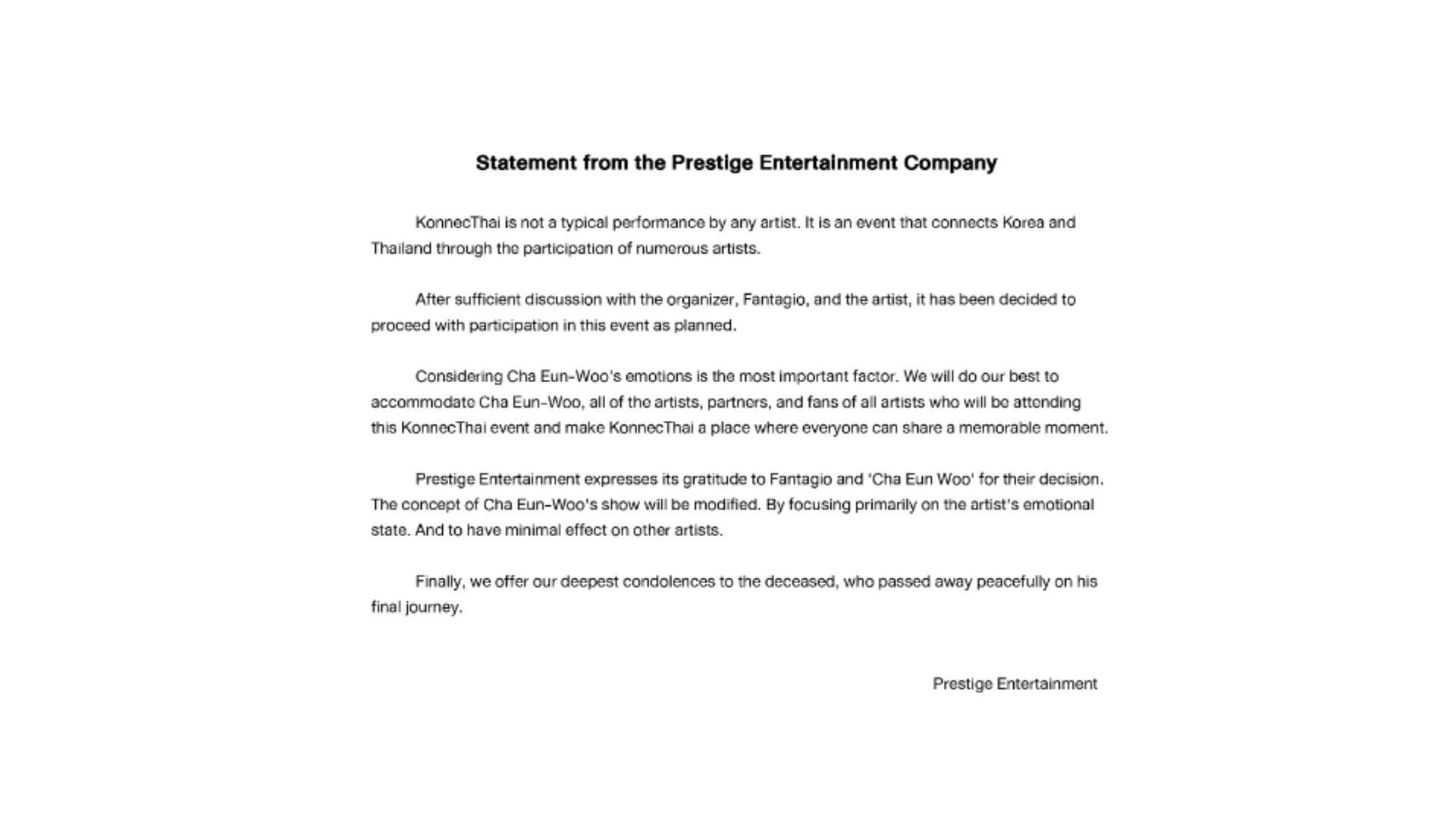 Prestige Entertainment released a statement regarding Cha Eun-woo&#039;s participation (Image via Twitter)